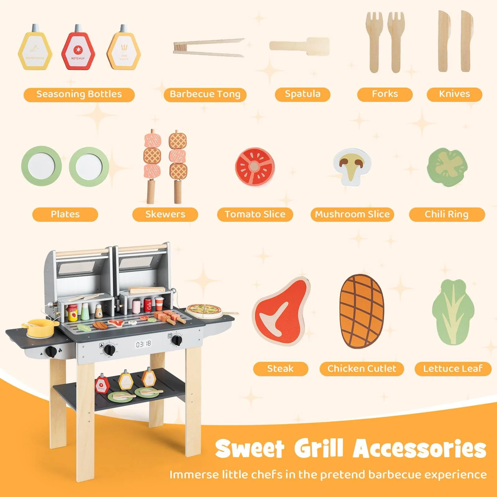 HONEY JOY Wooden Kids Barbecue Grill Playset, Kids Toy Grill with Abundant Grilling Tools - Image 6