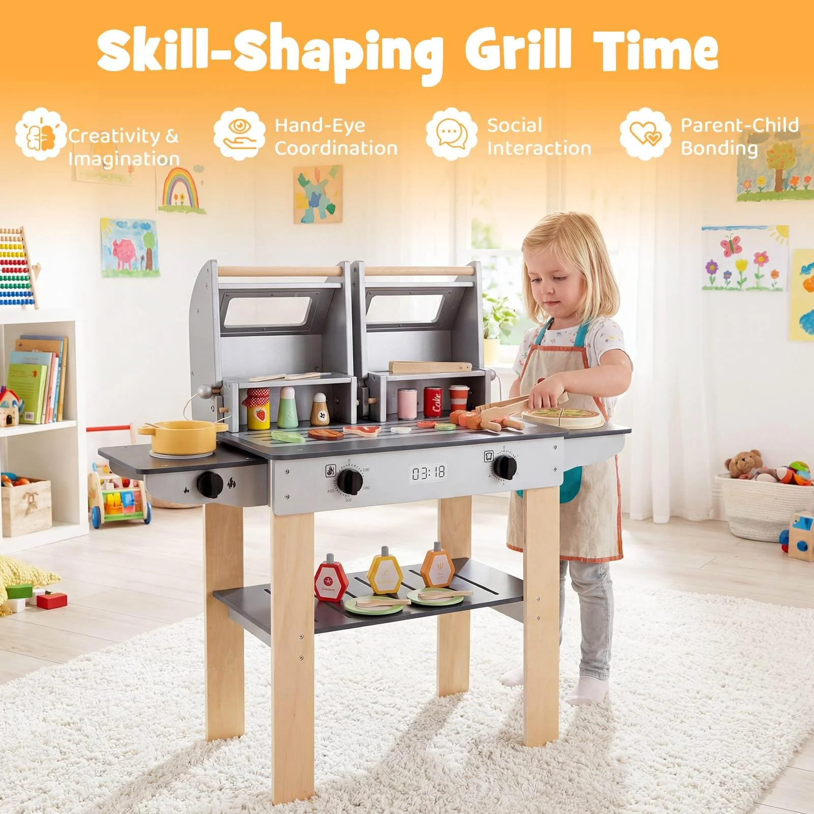 HONEY JOY Wooden Kids Barbecue Grill Playset, Kids Toy Grill with Abundant Grilling Tools - Image 7