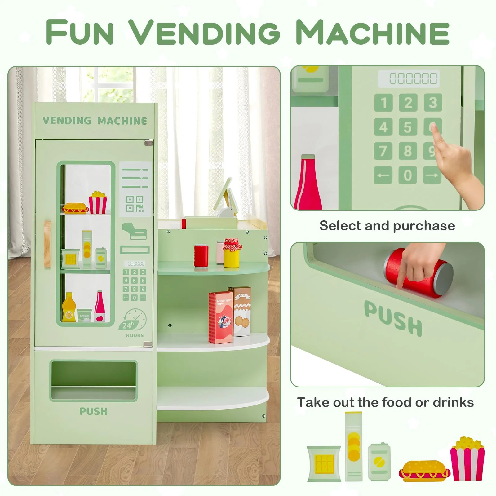 HONEY JOY Wooden Supermarket Play Toy Set, Kids Grocery Store Playset with Checkout Counter - Image 3
