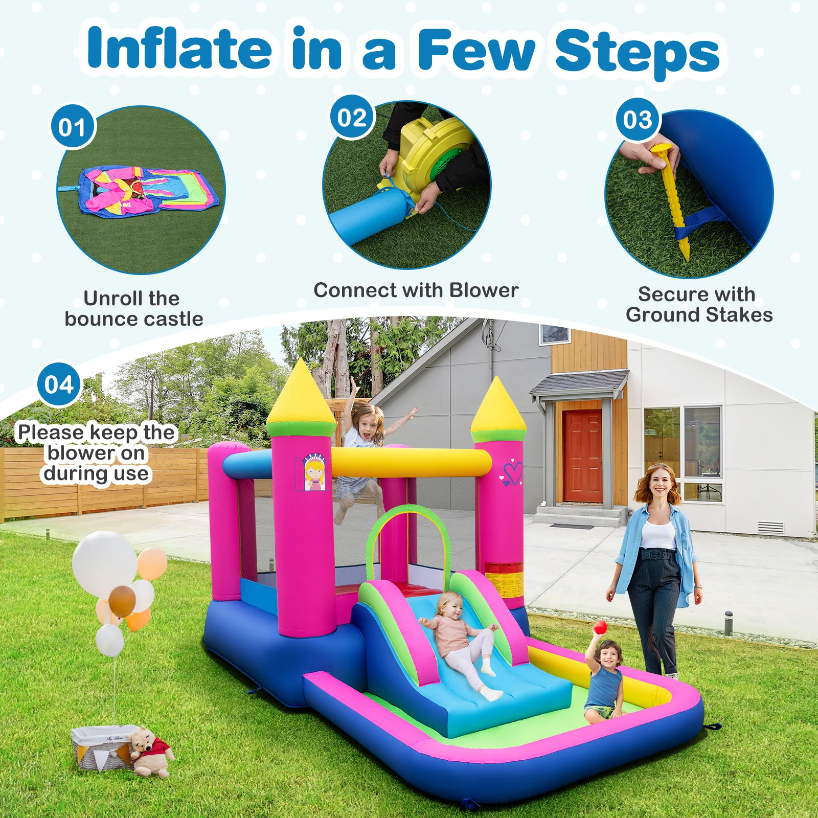 Inflatable Bounce House, 4-in-1 Kids Princess-themed Bouncer for Yard, Lawn, Party - Image 5