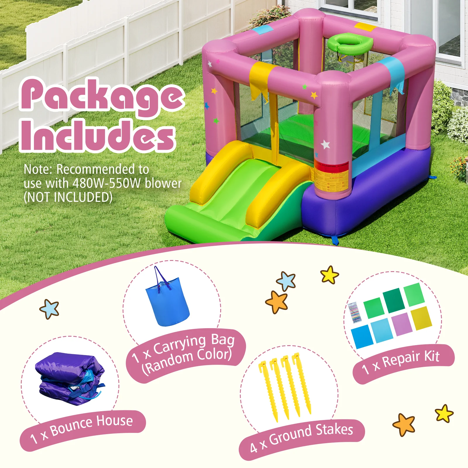 Inflatable Bounce House, Kids Bouncy Castle with Slide & Basketball Rim - Image 3