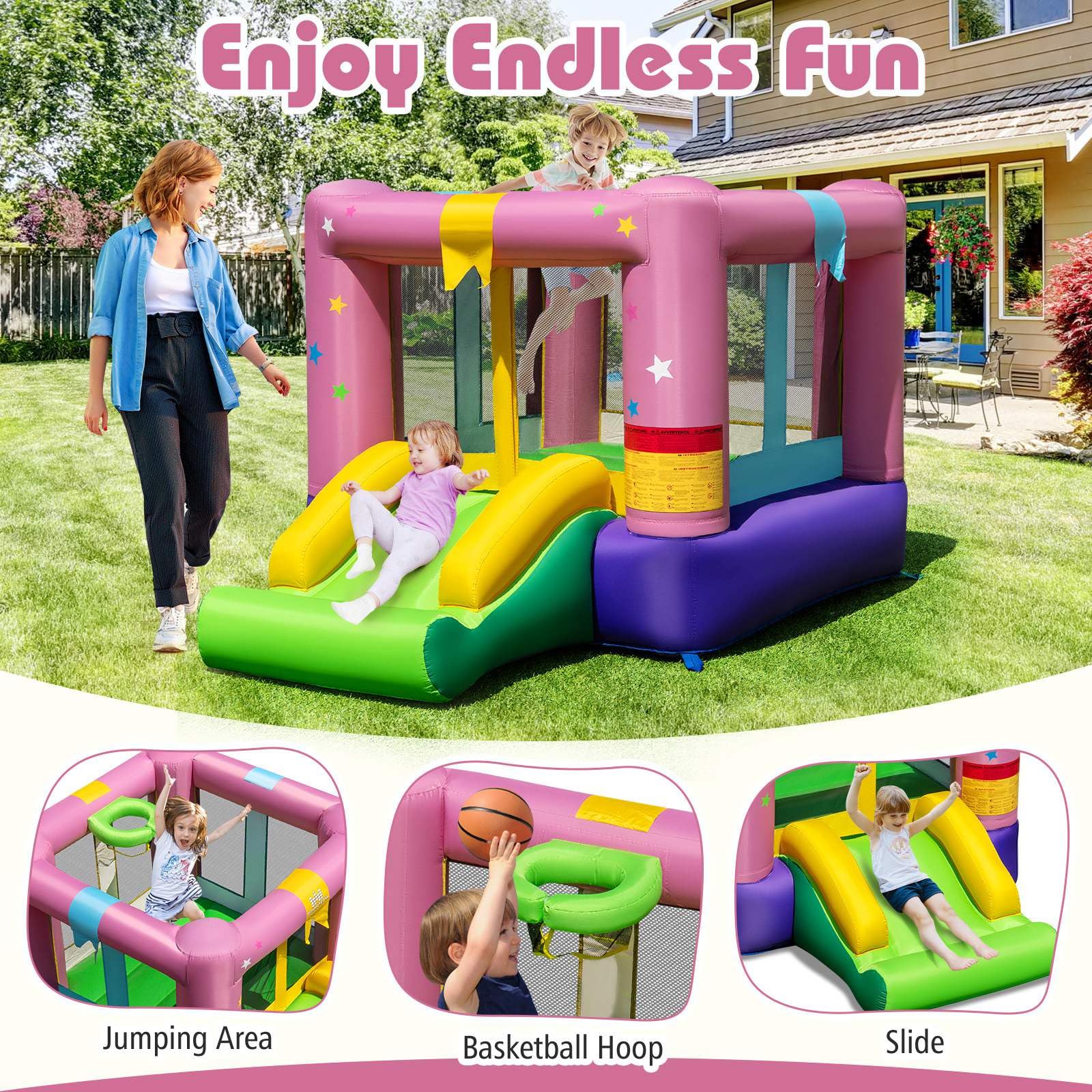 Inflatable Bounce House, Kids Bouncy Castle with Slide & Basketball Rim - Image 5