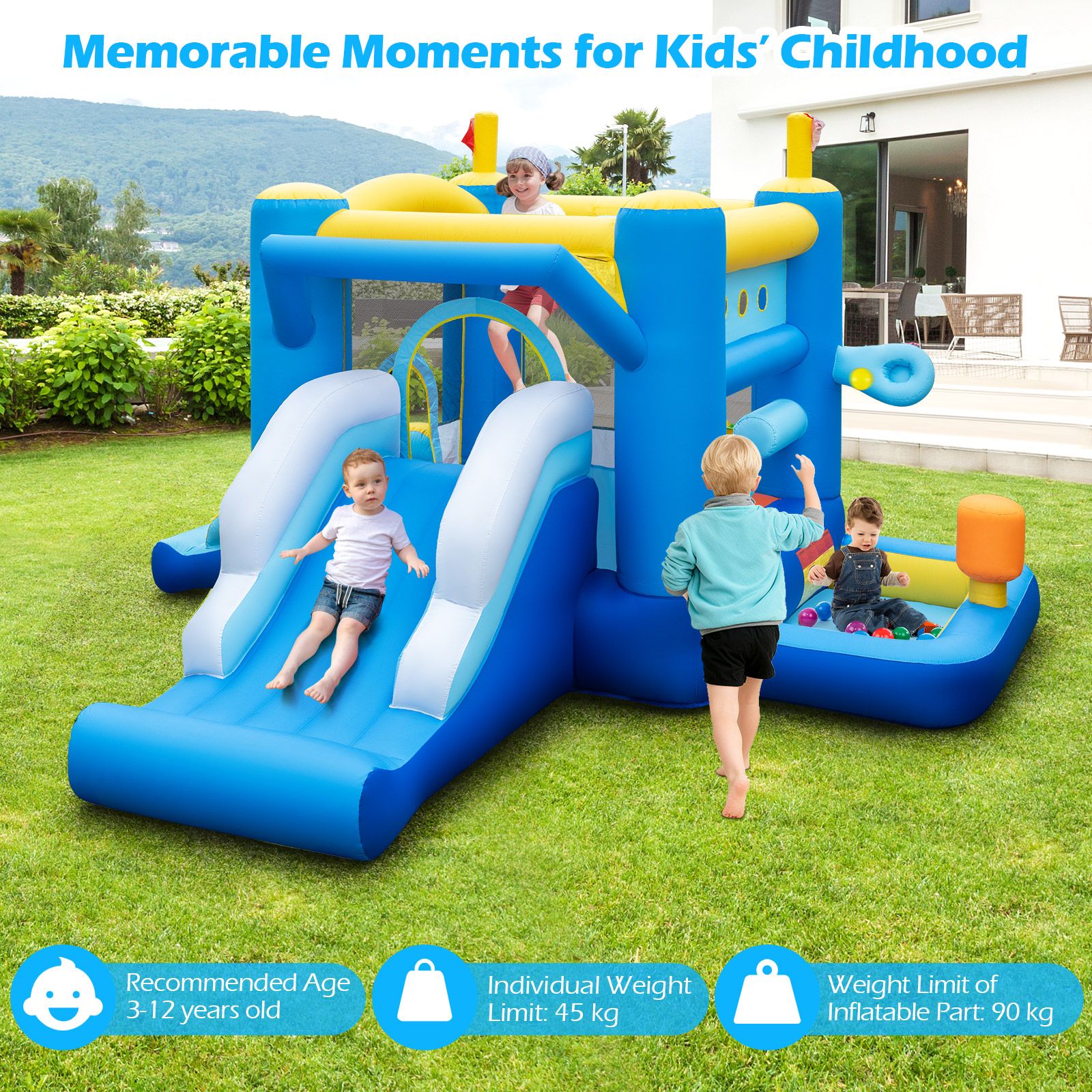 Inflatable Bounce House Kids Bouncy Castle with Slides Jumping Area Basketball Hoop - Image 2