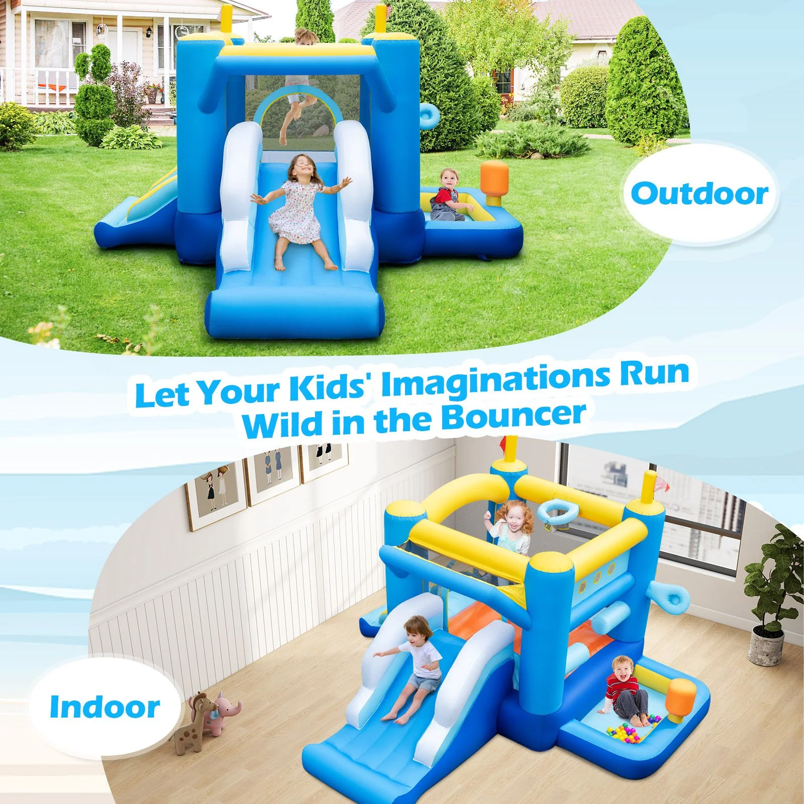 Inflatable Bounce House Kids Bouncy Castle with Slides Jumping Area Basketball Hoop - Image 3