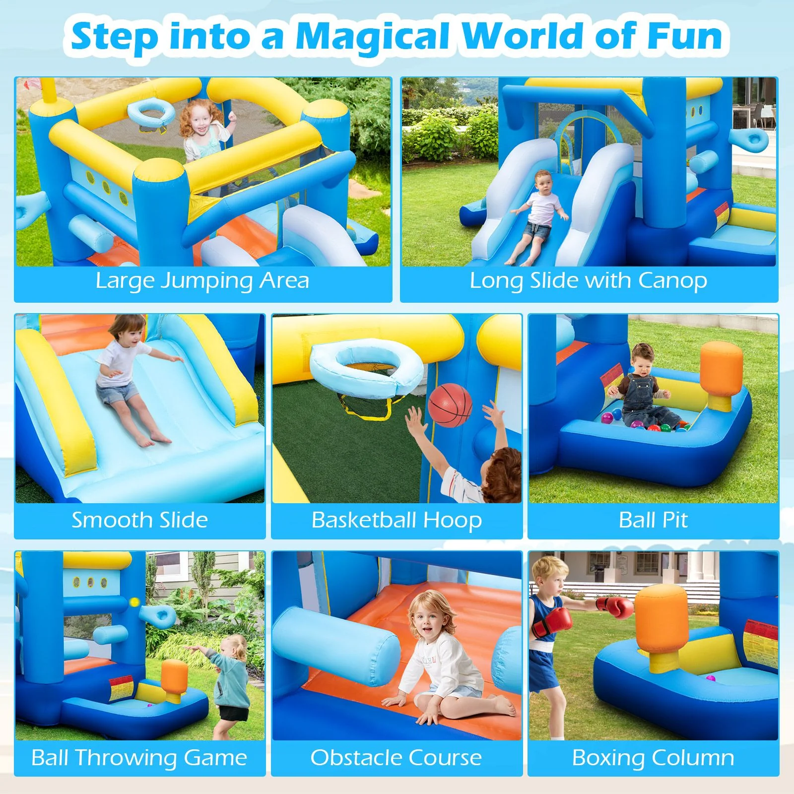 Inflatable Bounce House Kids Bouncy Castle with Slides Jumping Area Basketball Hoop - Image 5
