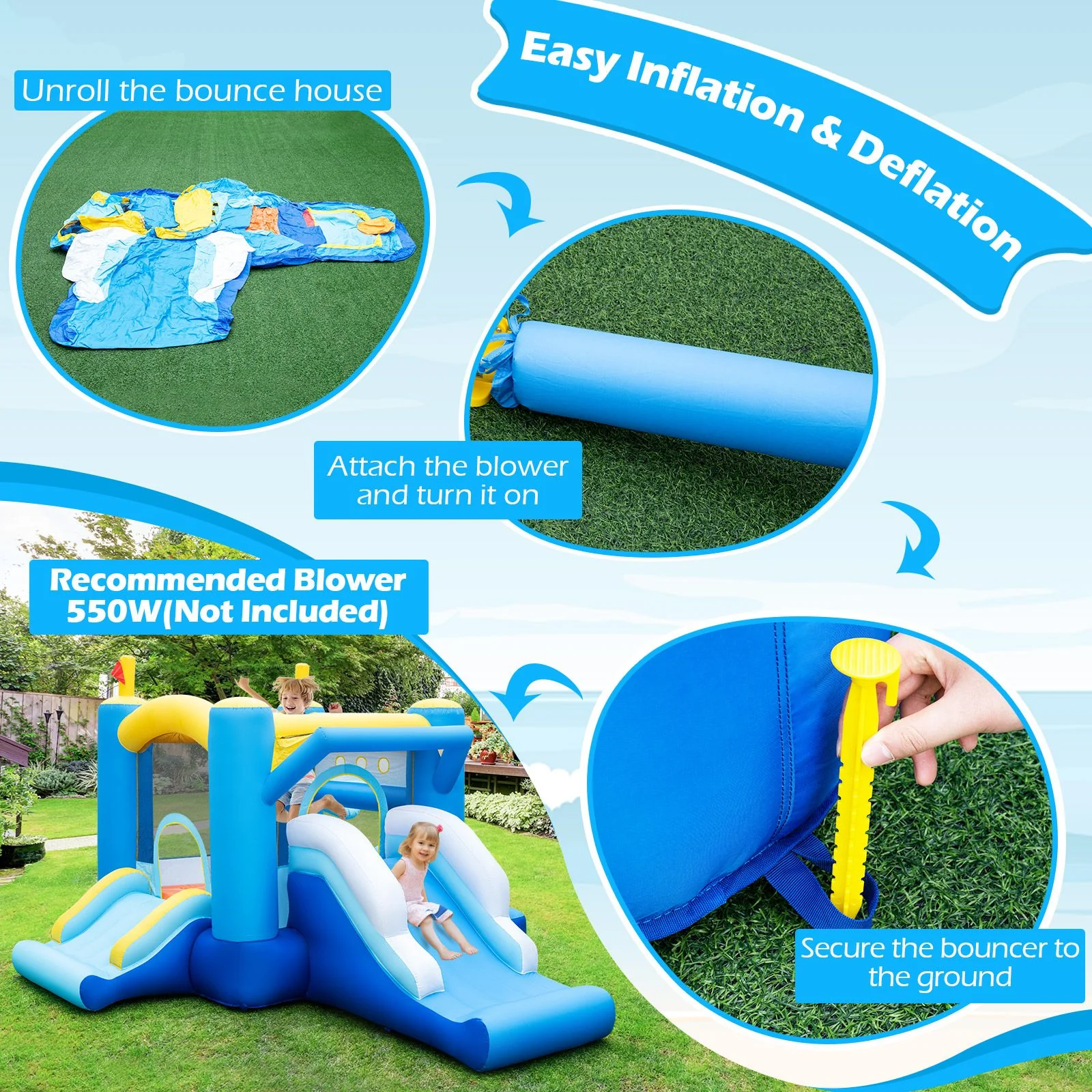 Inflatable Bounce House Kids Bouncy Castle with Slides Jumping Area Basketball Hoop - Image 6