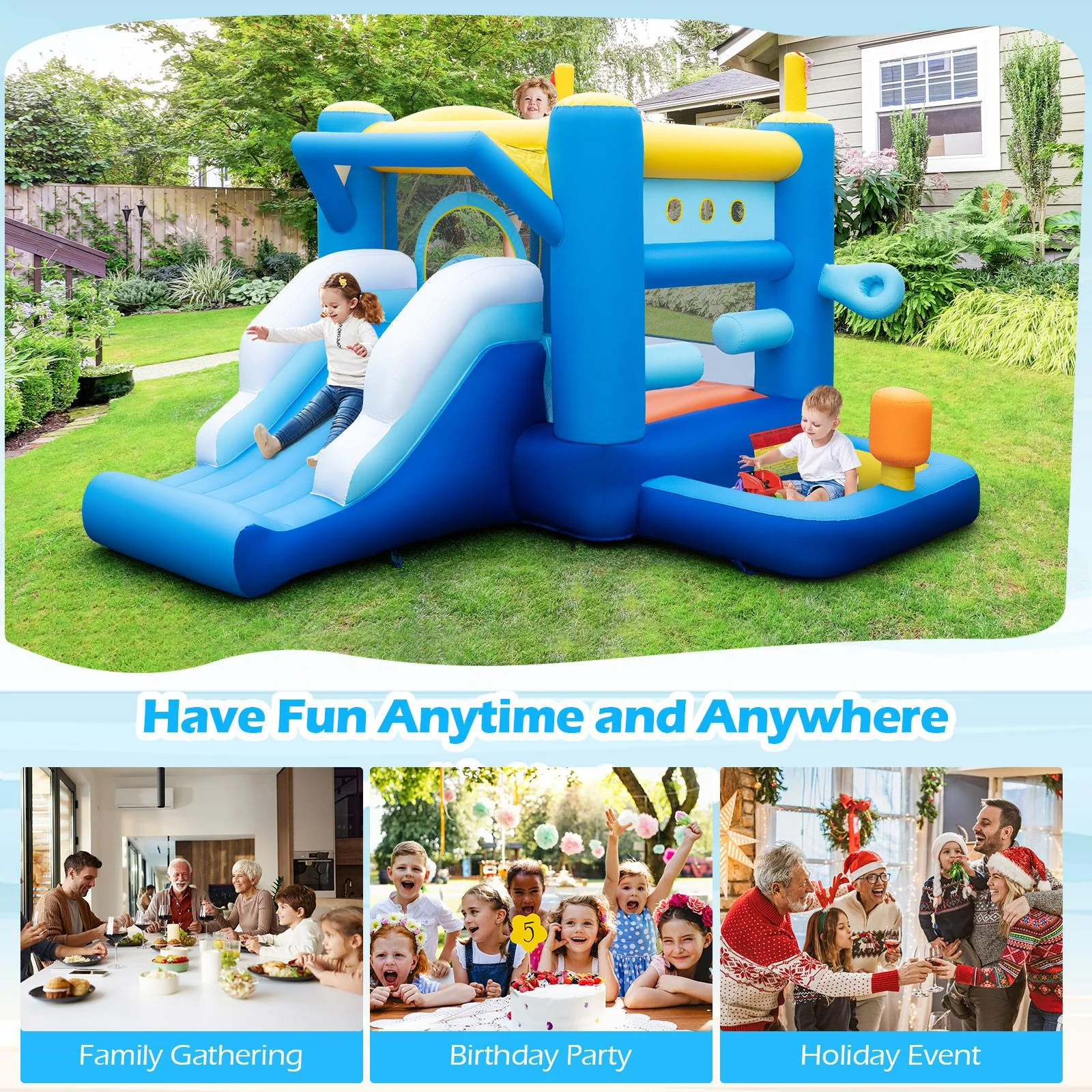 Inflatable Bounce House Kids Bouncy Castle with Slides Jumping Area Basketball Hoop - Image 7