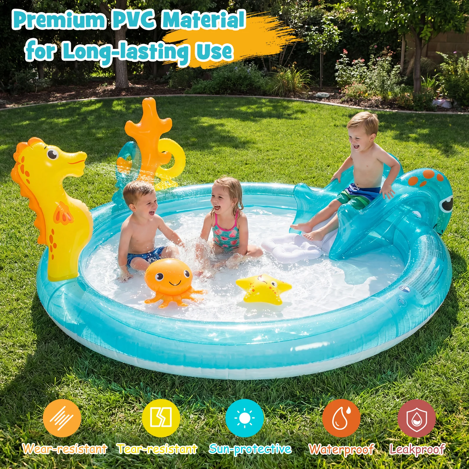 Inflatable Play Center, Marine Life Spray Pool with Slide, Seahorse-shaped Sprinkle - Image 10