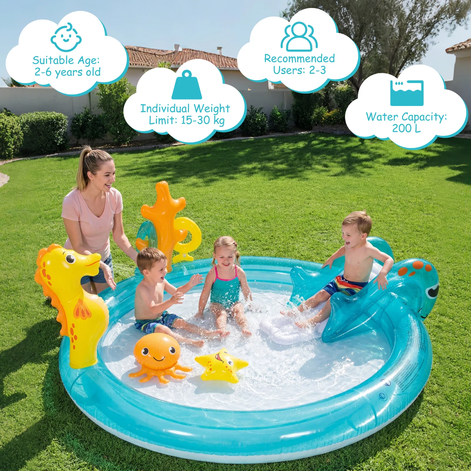 Inflatable Play Center, Marine Life Spray Pool with Slide, Seahorse-shaped Sprinkle - Image 3