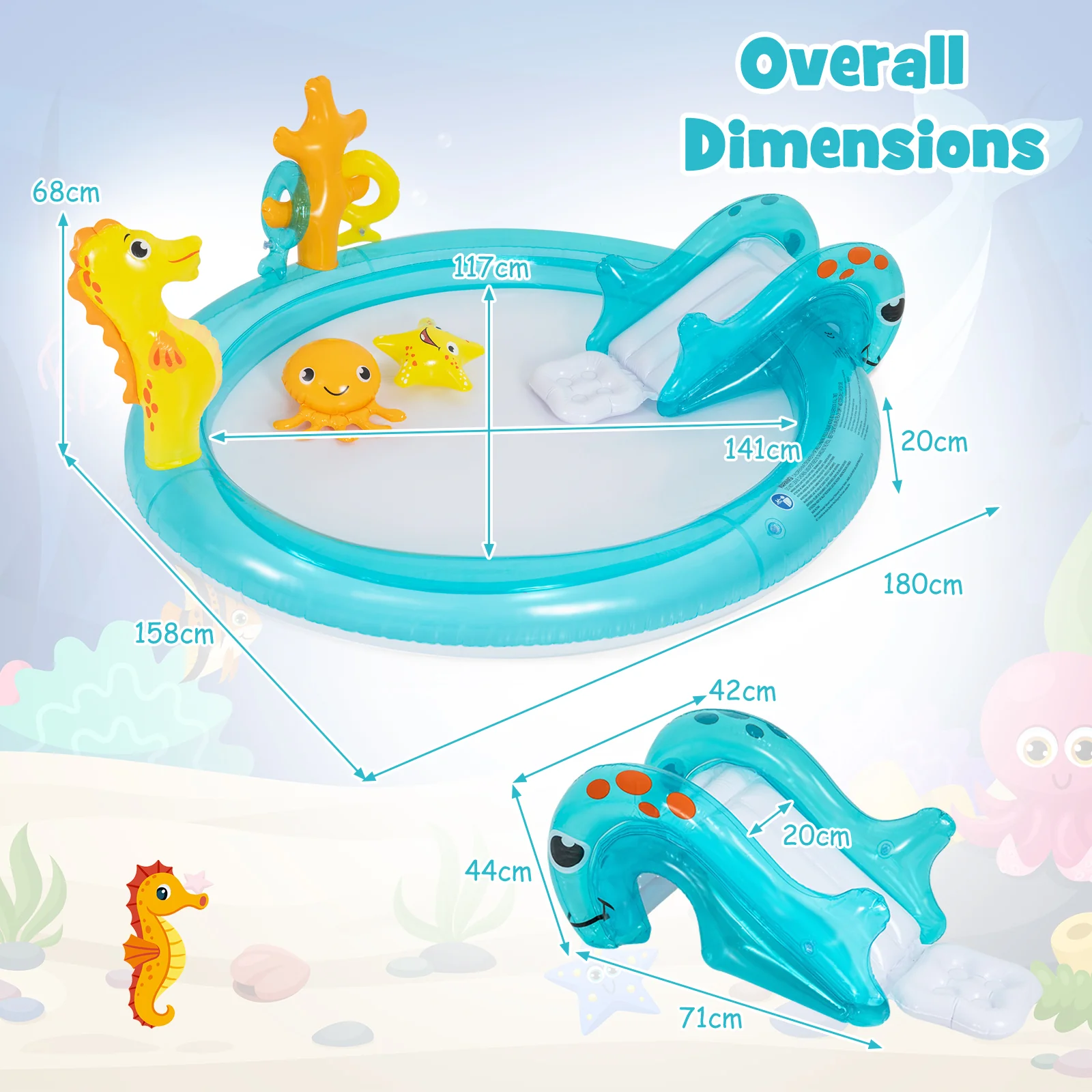 Inflatable Play Center, Marine Life Spray Pool with Slide, Seahorse-shaped Sprinkle - Image 4