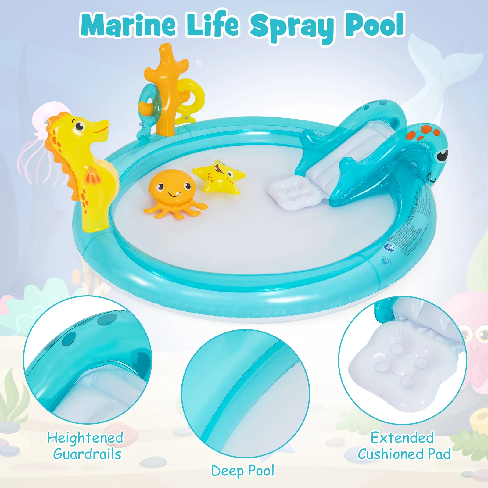 Inflatable Play Center, Marine Life Spray Pool with Slide, Seahorse-shaped Sprinkle - Image 5