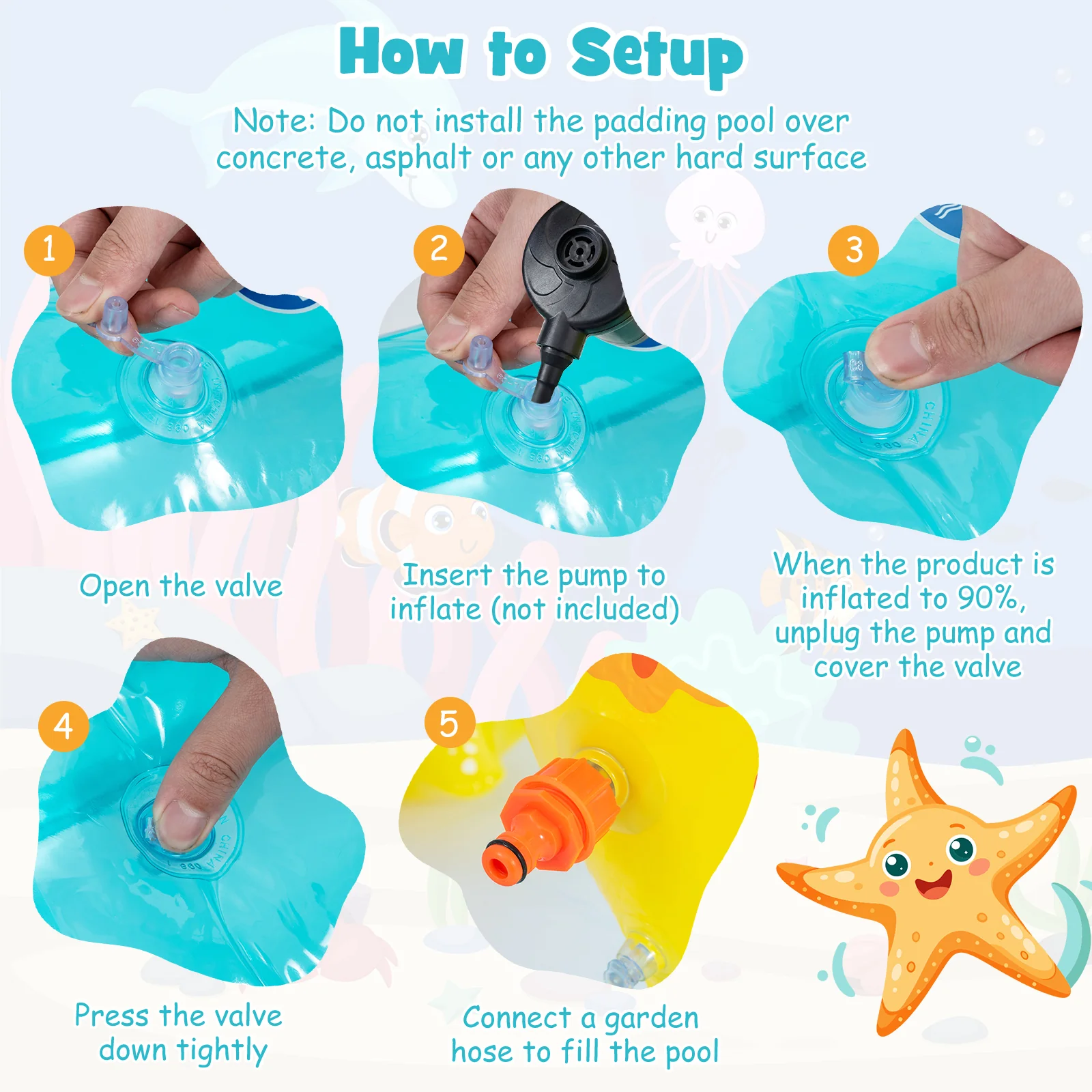 Inflatable Play Center, Marine Life Spray Pool with Slide, Seahorse-shaped Sprinkle - Image 6