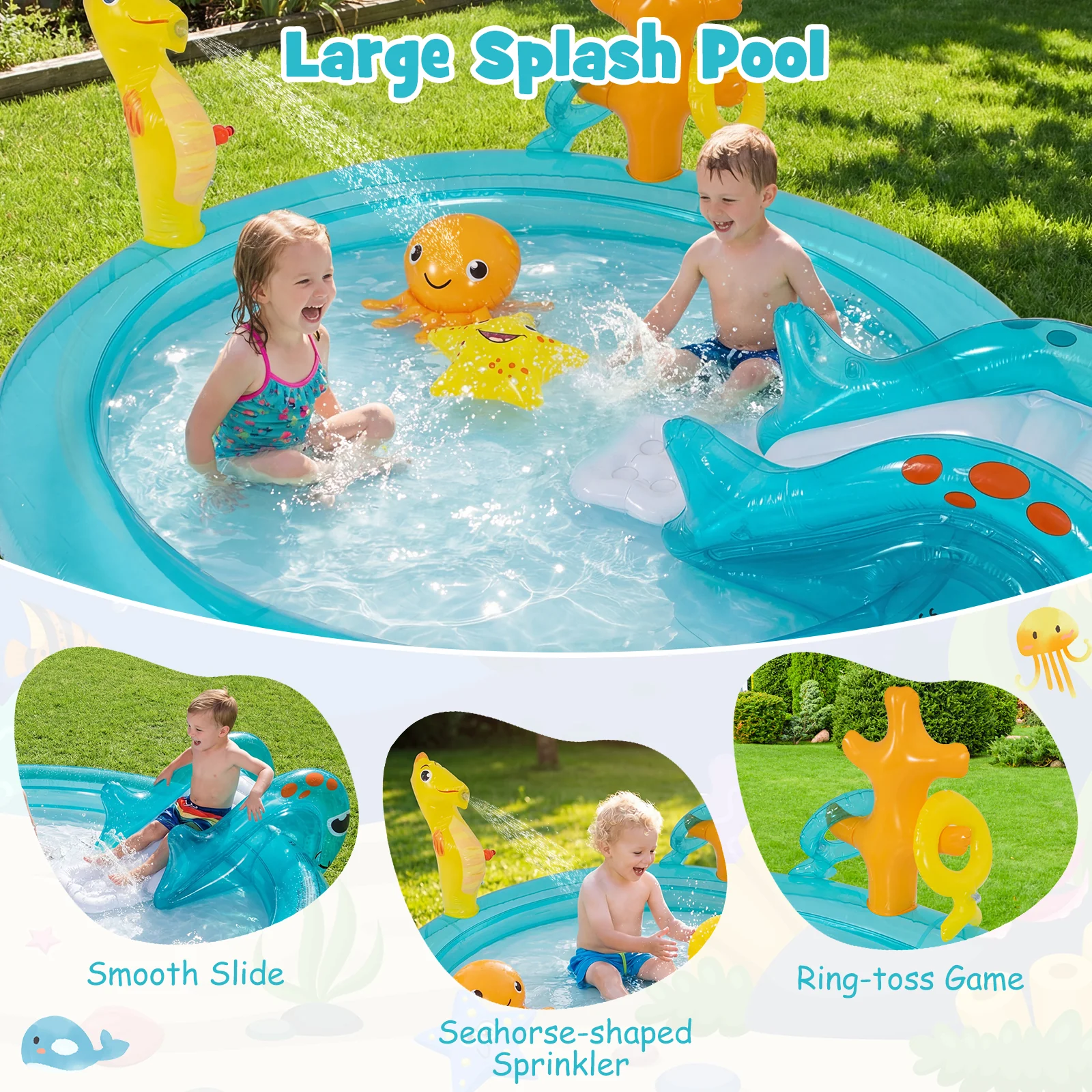 Inflatable Play Center, Marine Life Spray Pool with Slide, Seahorse-shaped Sprinkle - Image 7