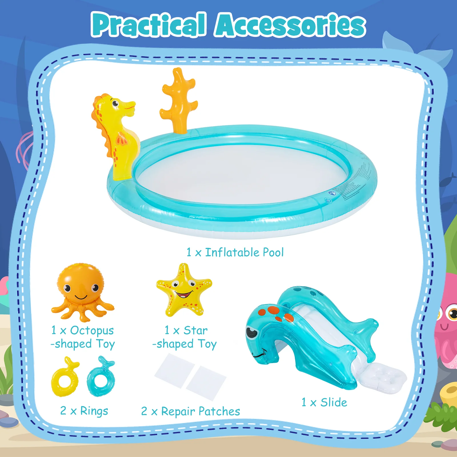 Inflatable Play Center, Marine Life Spray Pool with Slide, Seahorse-shaped Sprinkle - Image 8