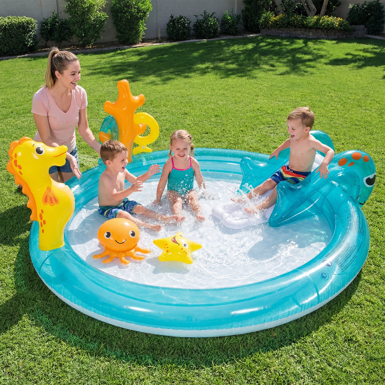 Inflatable Play Center, Marine Life Spray Pool with Slide, Seahorse-shaped Sprinkle - Image 9
