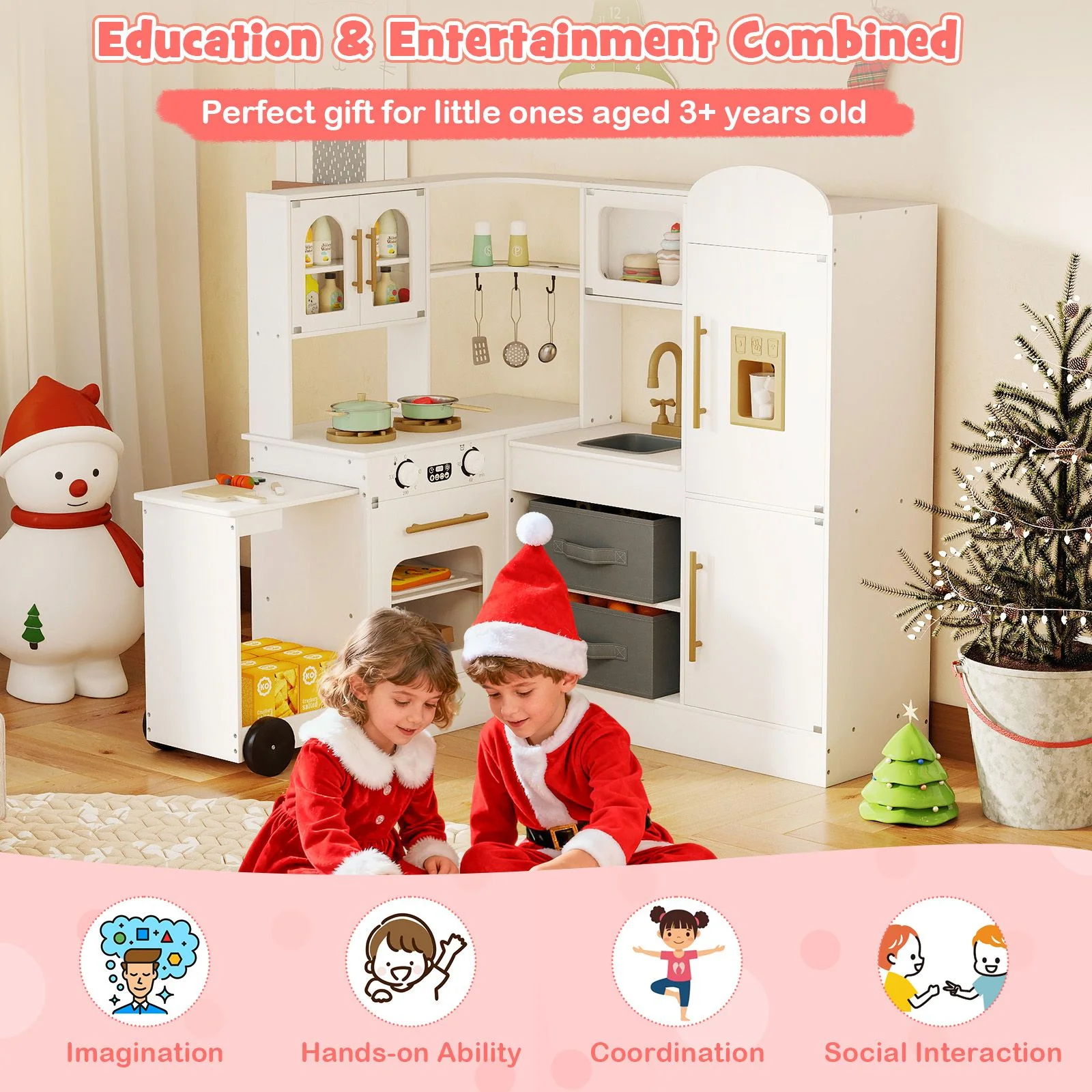 Interactive Wooden Playset with Retractable Countertop for Ages 3+ - Image 12