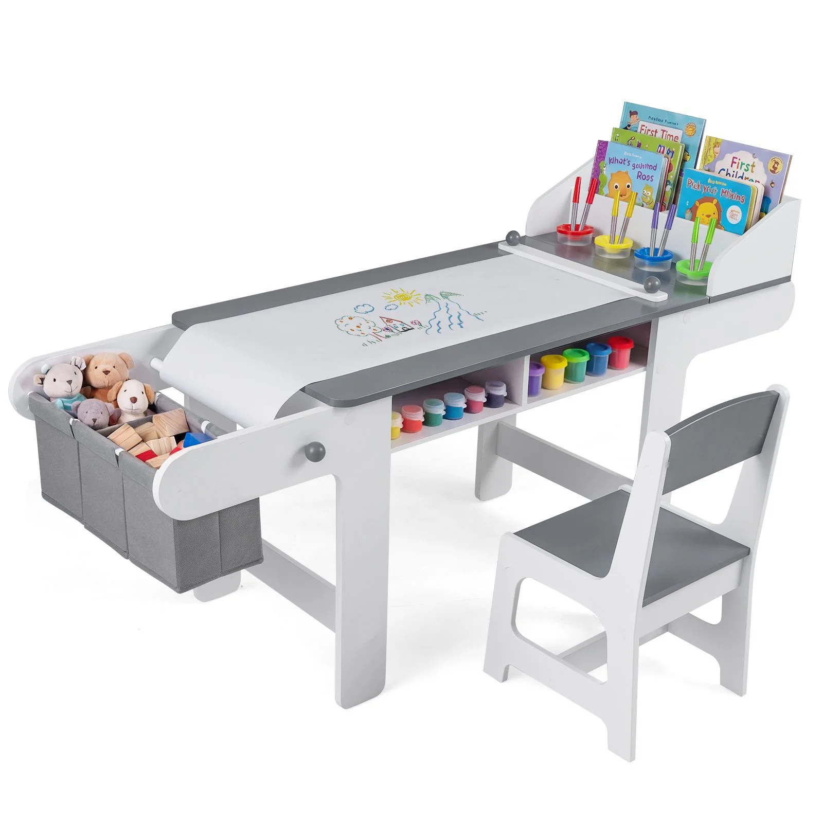 Kids Art Table and Chair Set with Paper Roll and 4 Paint Cups