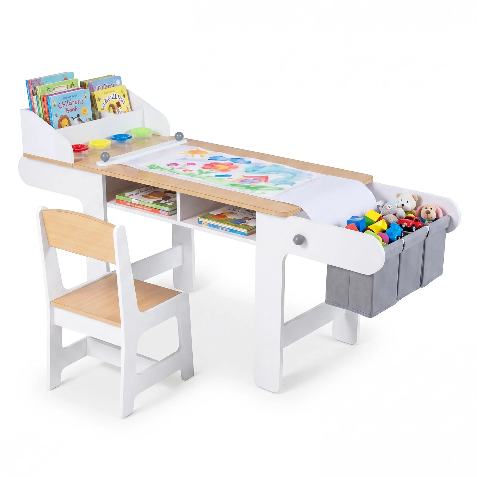 Kids Art Table and Chair Set with Paper Roll and 4 Paint Cups - Image 10
