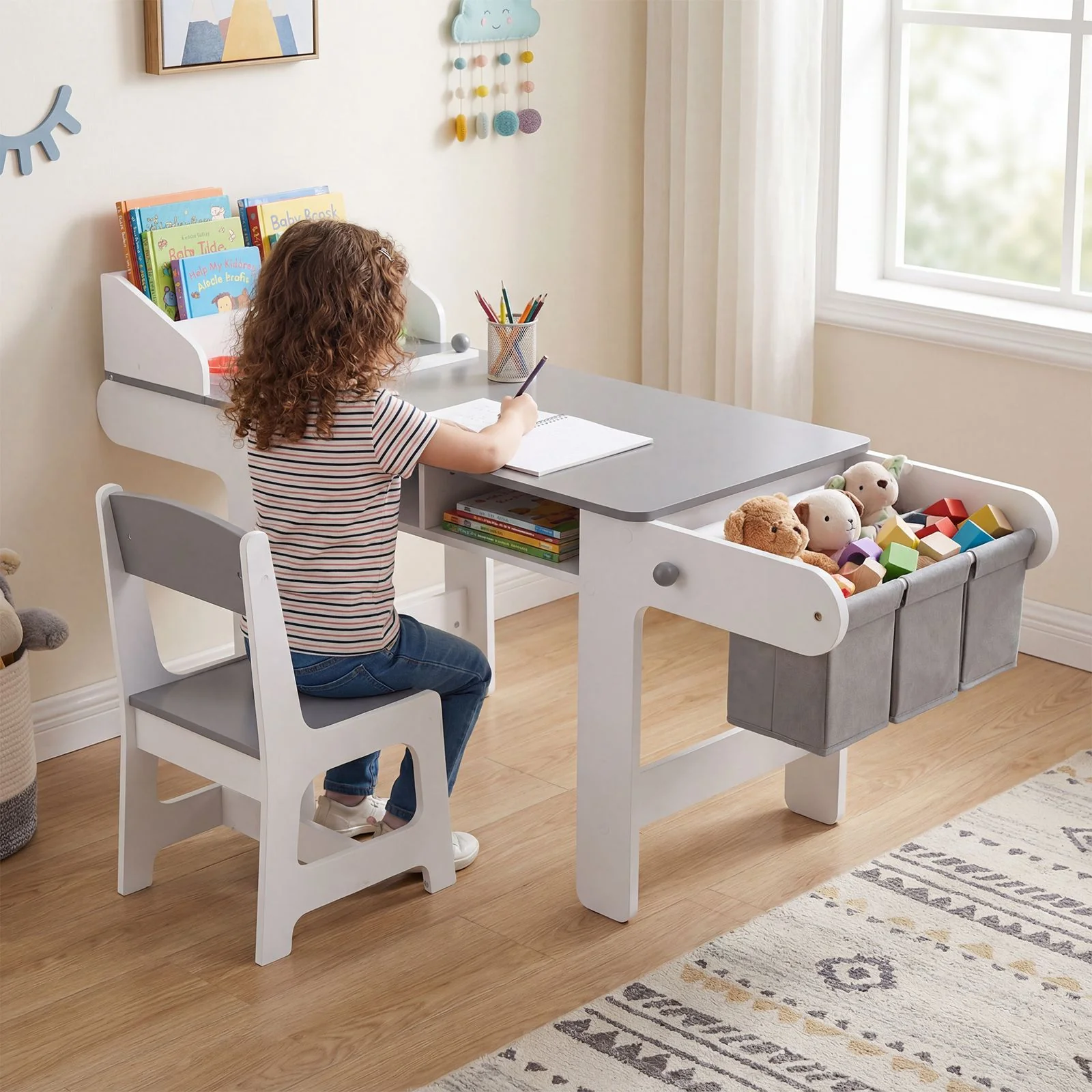 Kids Art Table and Chair Set with Paper Roll and 4 Paint Cups - Image 2