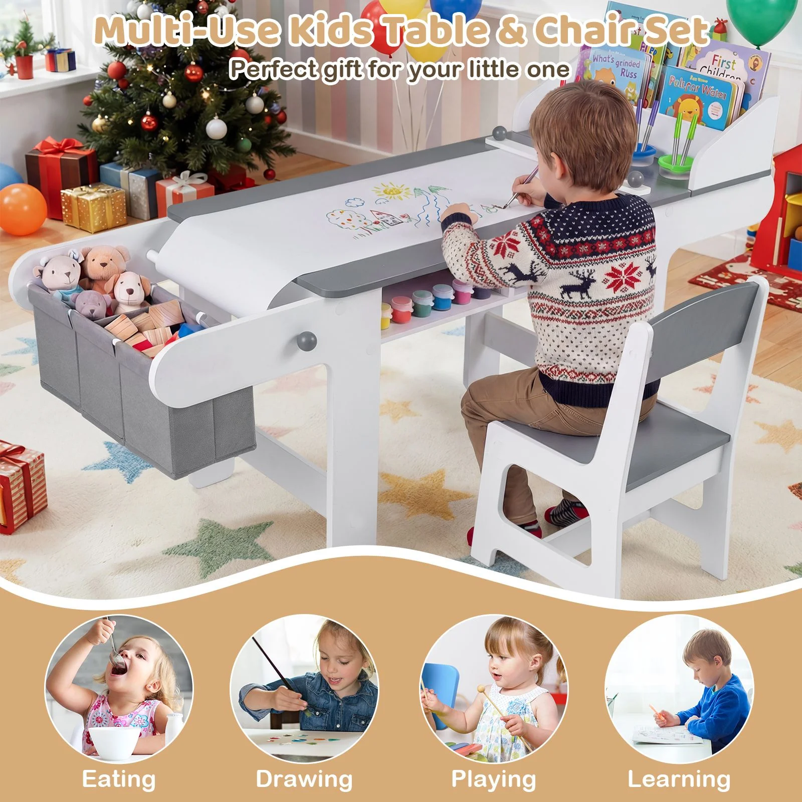 Kids Art Table and Chair Set with Paper Roll and 4 Paint Cups - Image 6
