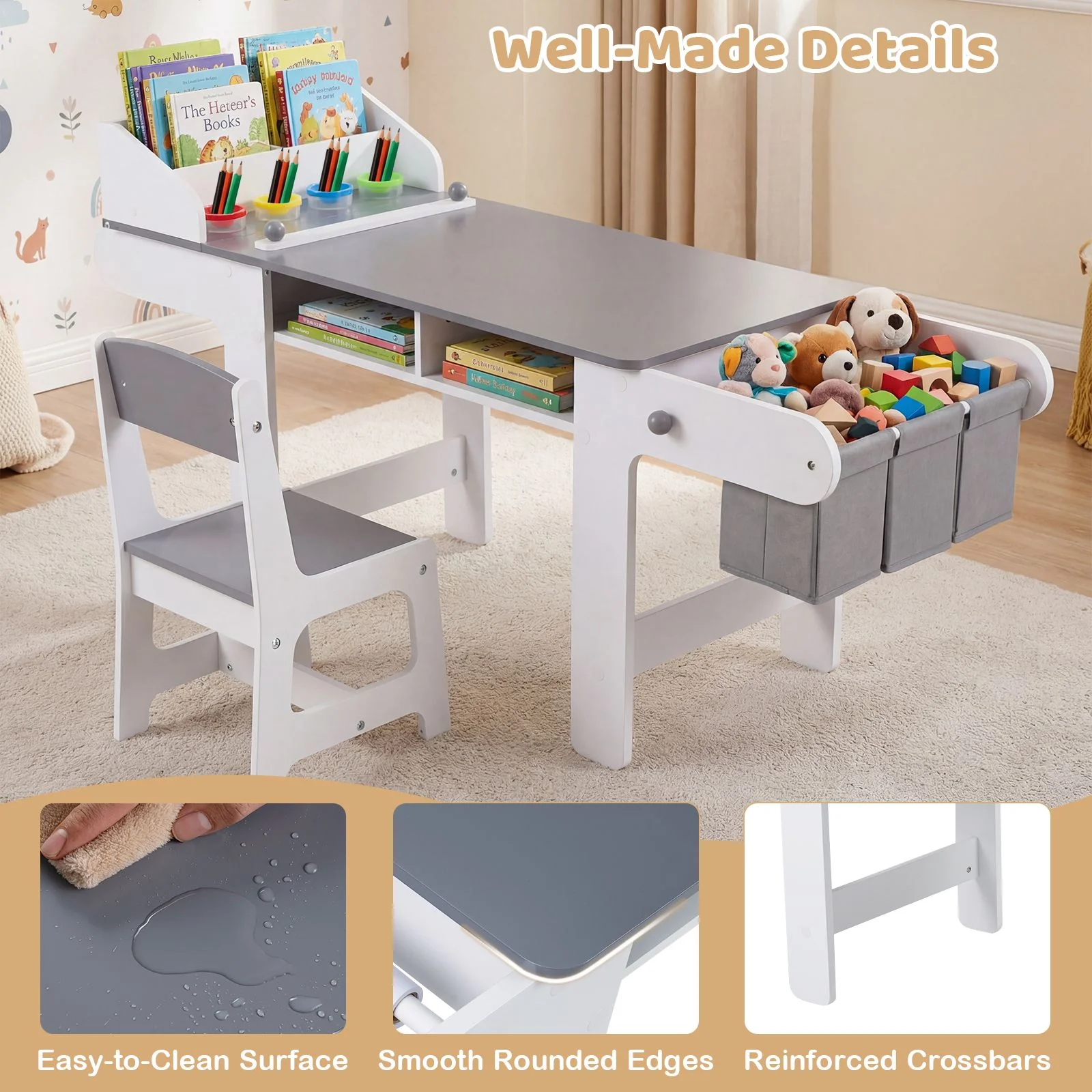 Kids Art Table and Chair Set with Paper Roll and 4 Paint Cups - Image 7