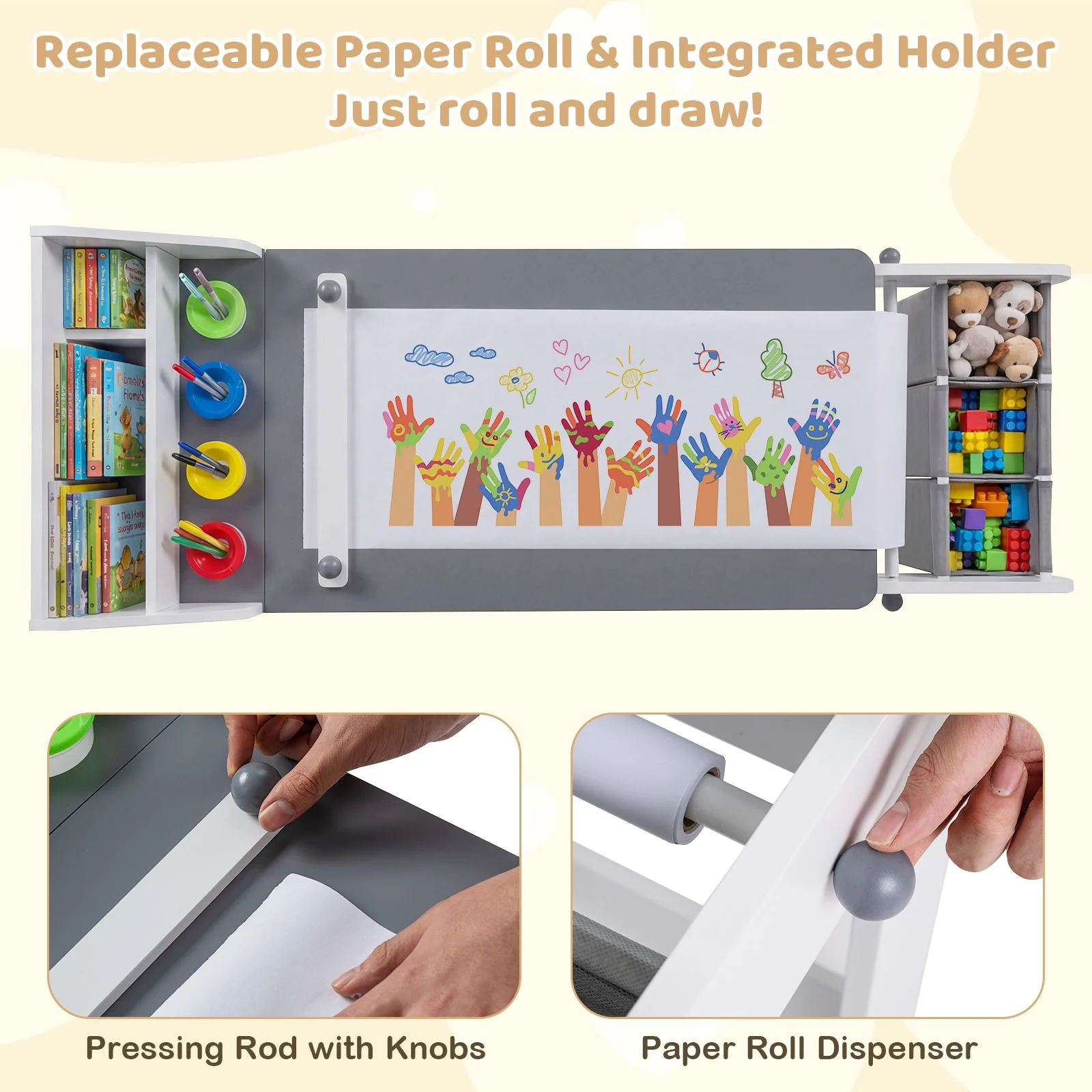 Kids Art Table and Chair Set with Paper Roll and 4 Paint Cups - Image 8