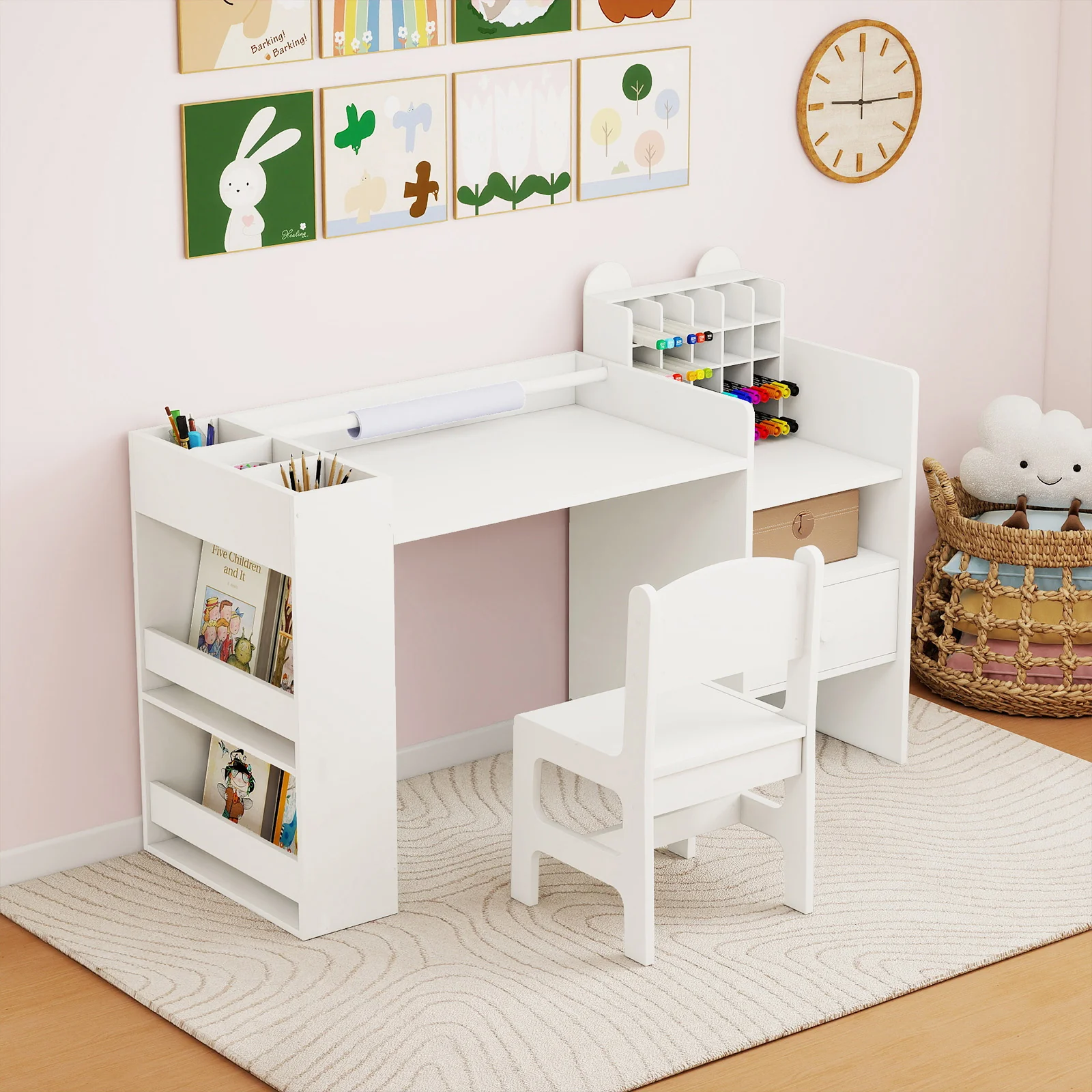 Kids Art Table & Chair Set, Toddler Painting Desk w/Detachable Paper Roll Holder & Cubby Cabinet - Image 2