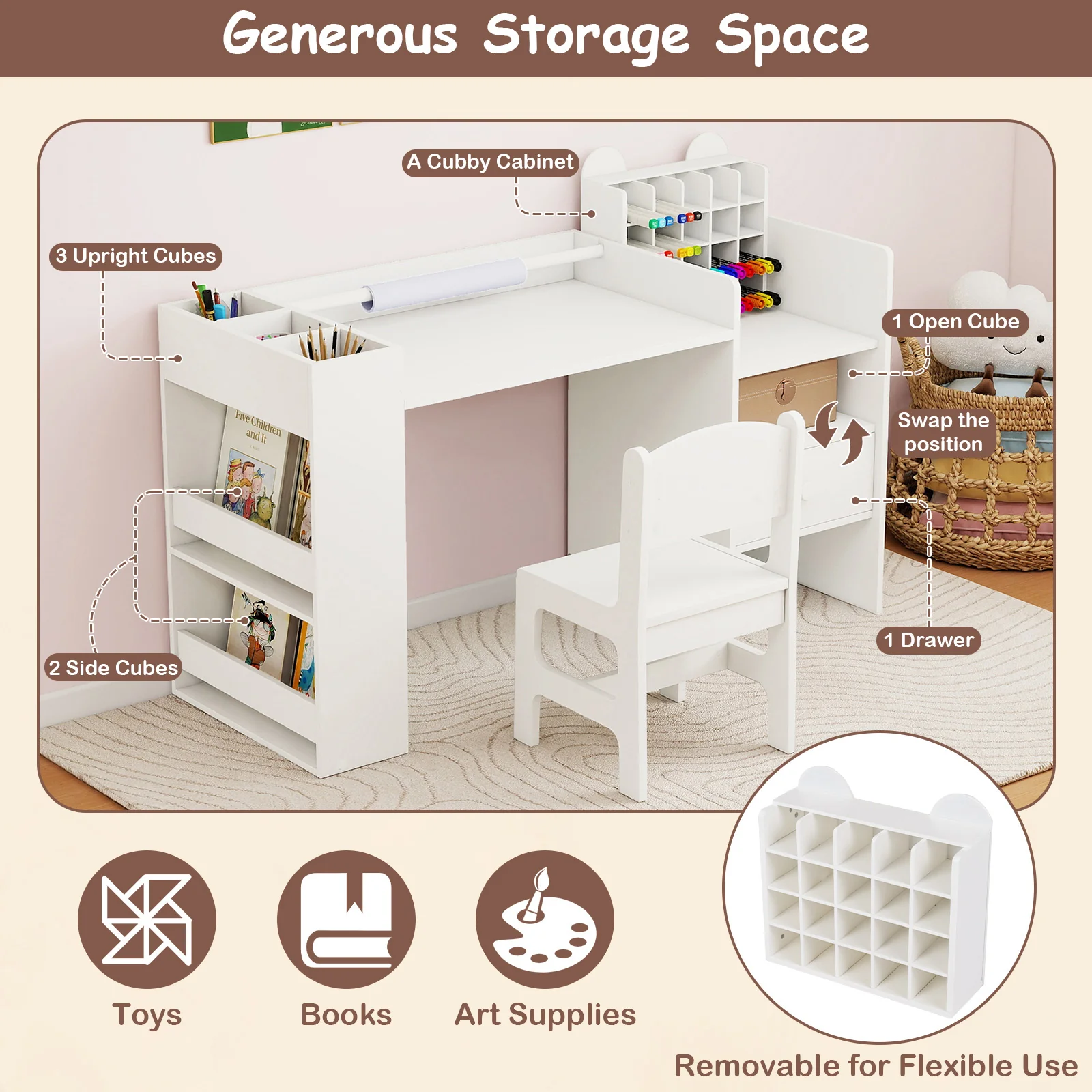 Kids Art Table & Chair Set, Toddler Painting Desk w/Detachable Paper Roll Holder & Cubby Cabinet - Image 6