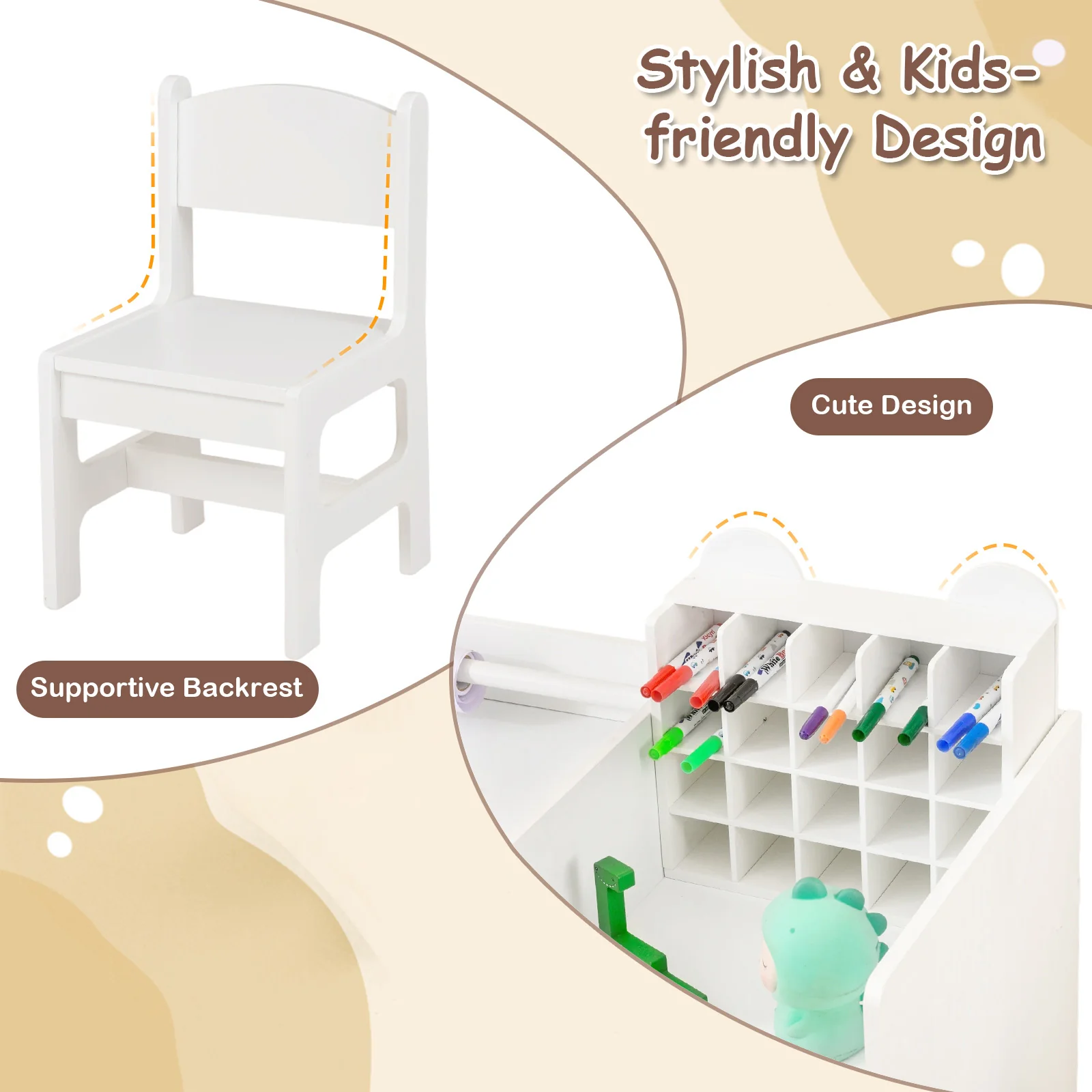 Kids Art Table & Chair Set, Toddler Painting Desk w/Detachable Paper Roll Holder & Cubby Cabinet - Image 7