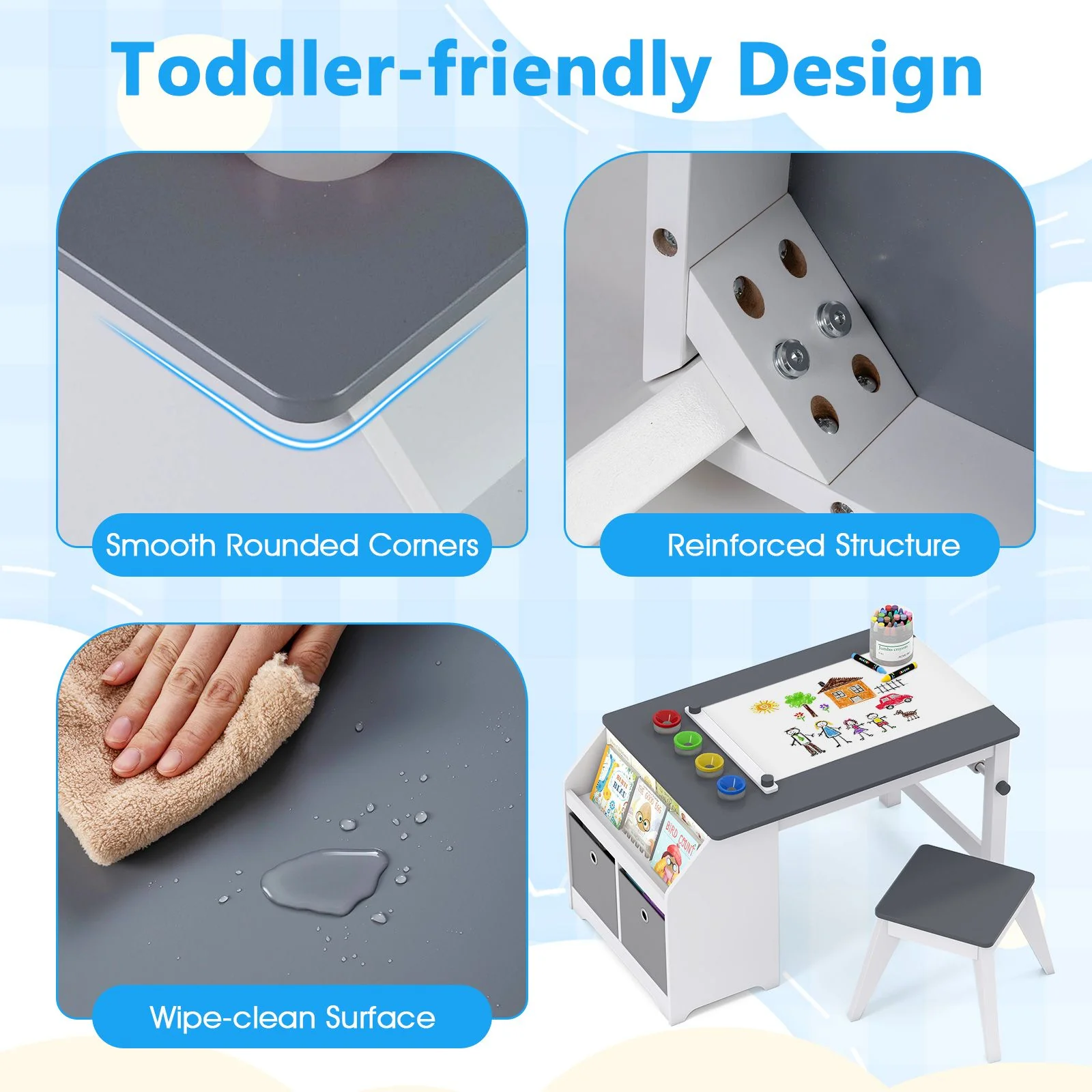 Kids Art Table with Stool Wooden Activity Table with Paper Roll and Storage - Image 10