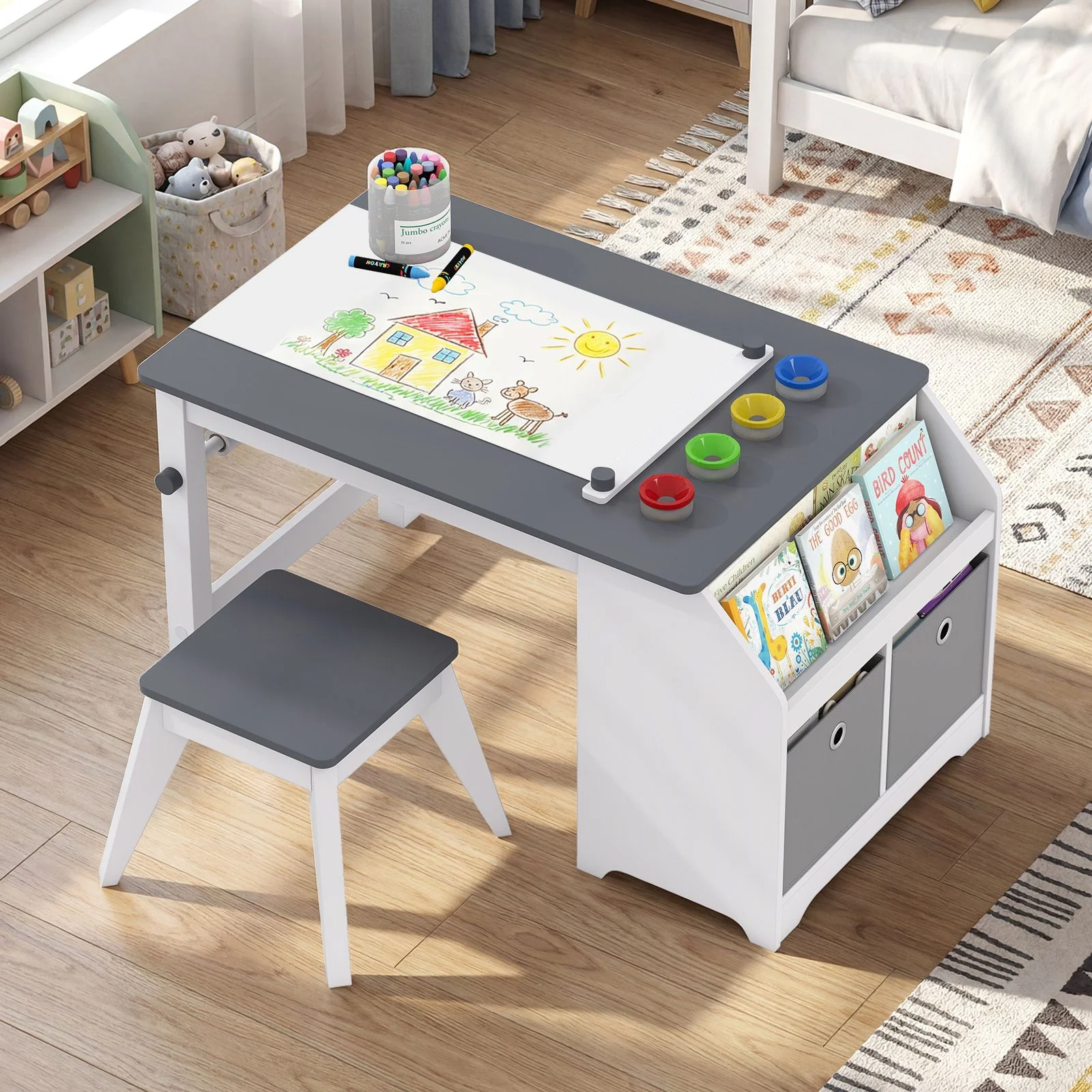 Kids Art Table with Stool Wooden Activity Table with Paper Roll and Storage - Image 2