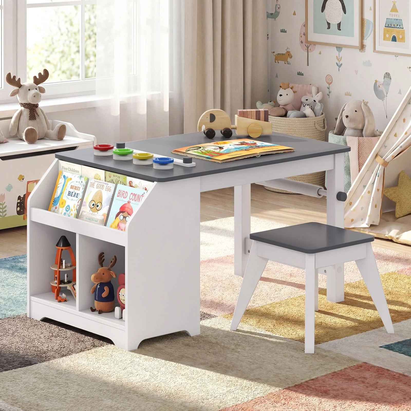 Kids Art Table with Stool Wooden Activity Table with Paper Roll and Storage - Image 3