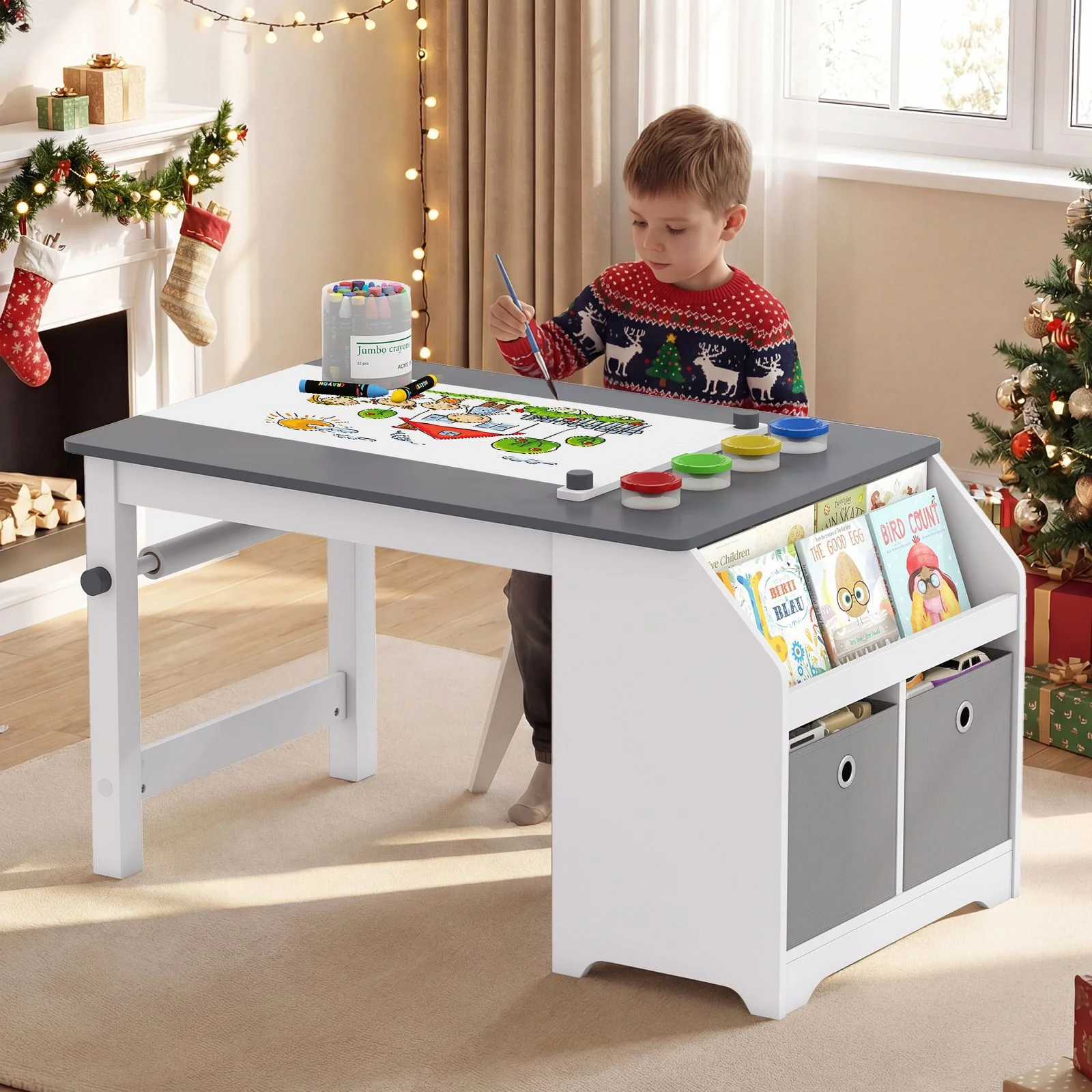 Kids Art Table with Stool Wooden Activity Table with Paper Roll and Storage - Image 4