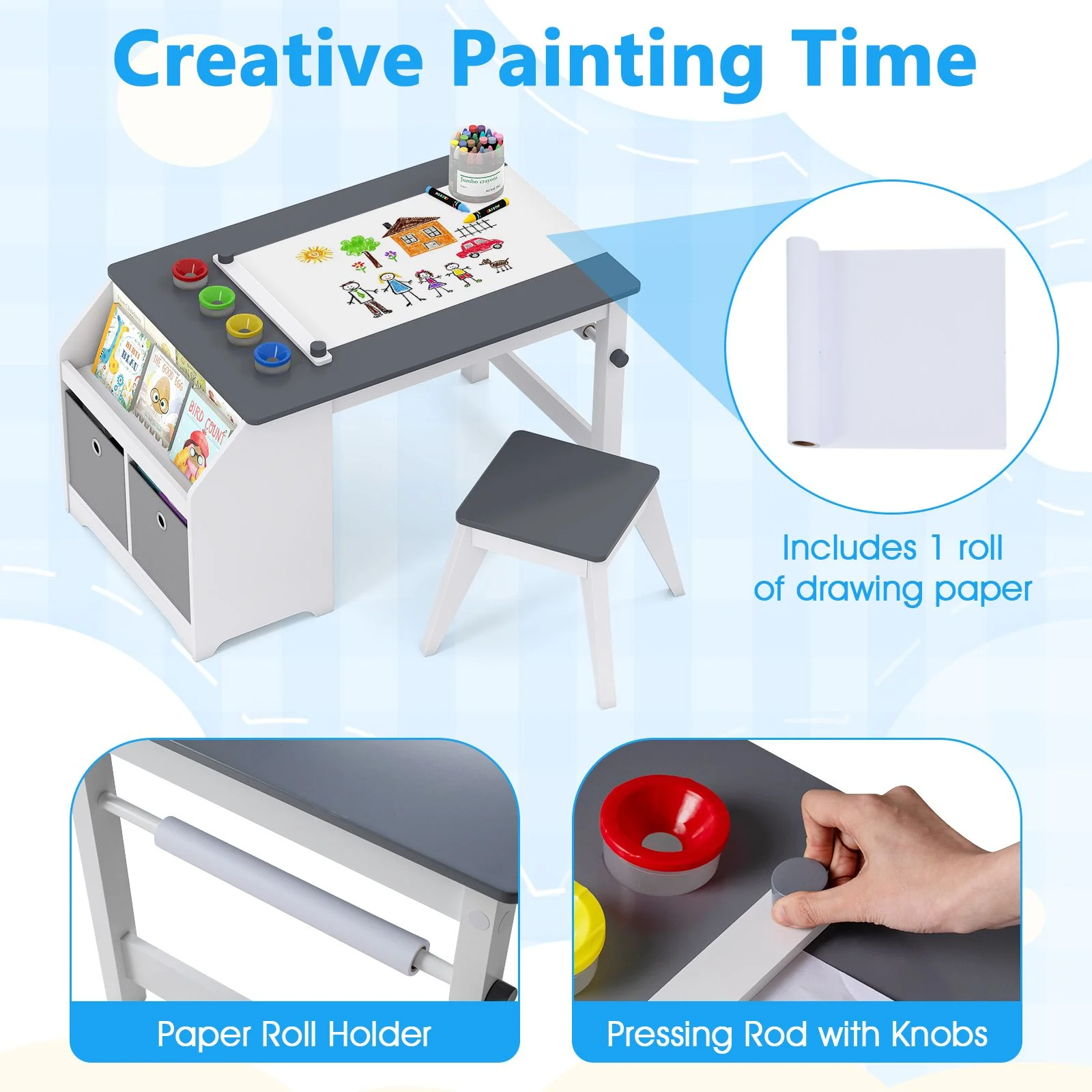 Kids Art Table with Stool Wooden Activity Table with Paper Roll and Storage - Image 5