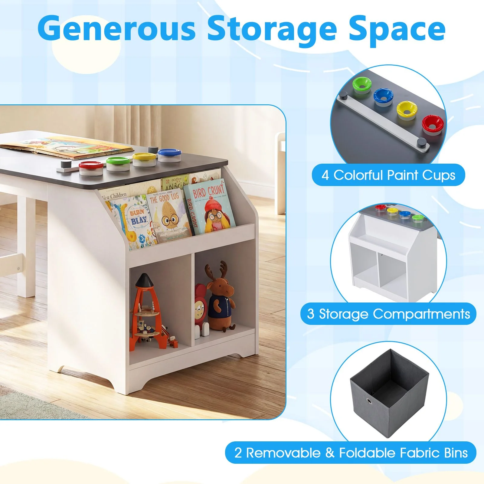 Kids Art Table with Stool Wooden Activity Table with Paper Roll and Storage - Image 6