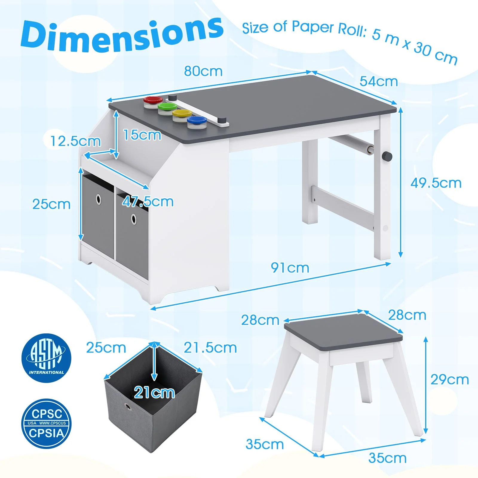 Kids Art Table with Stool Wooden Activity Table with Paper Roll and Storage - Image 7