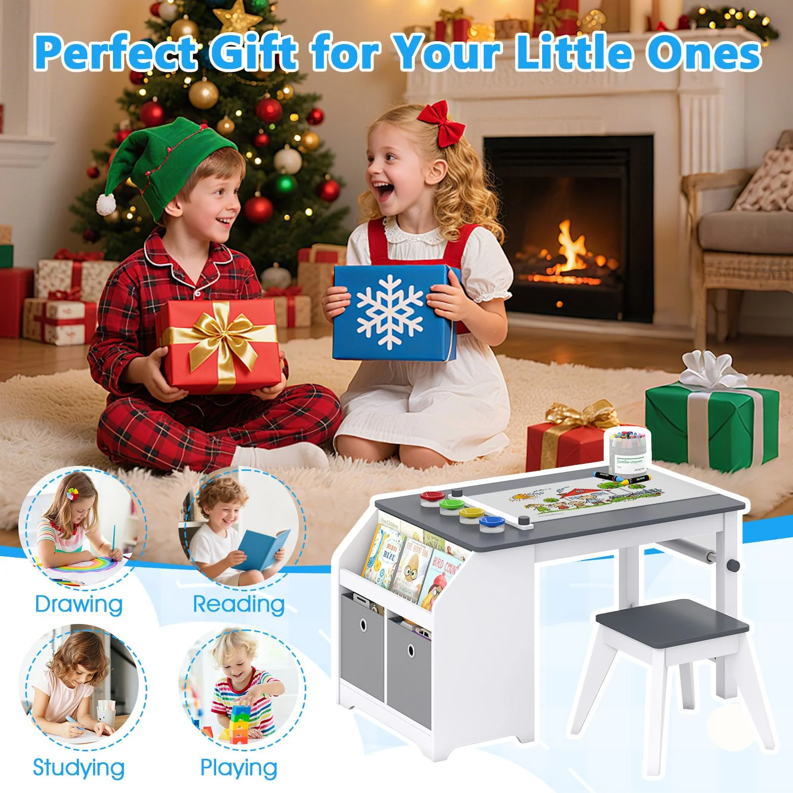 Kids Art Table with Stool Wooden Activity Table with Paper Roll and Storage - Image 8