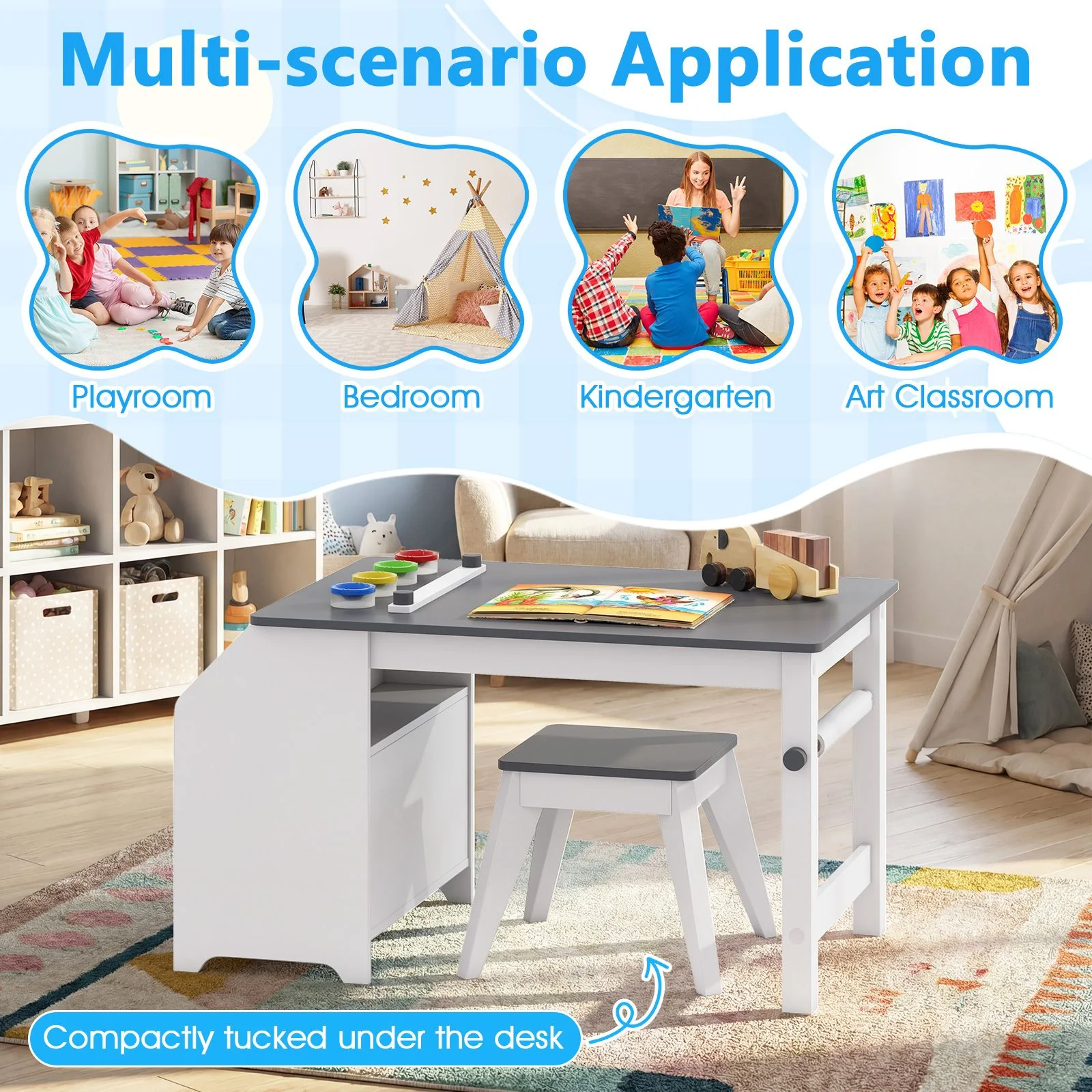 Kids Art Table with Stool Wooden Activity Table with Paper Roll and Storage - Image 9