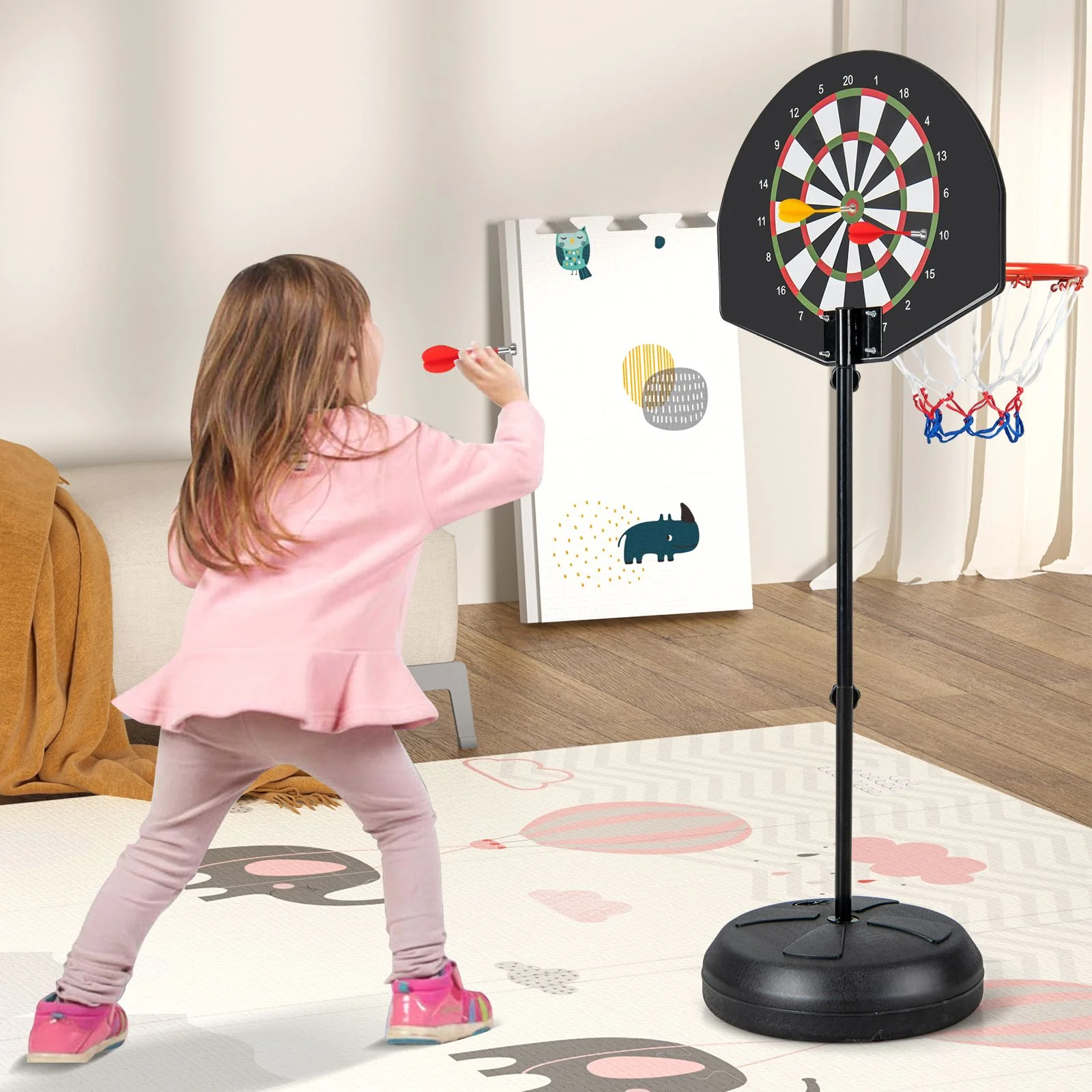 Kids Basketball Hoop with Dart Board and Double-sided Backboard - Image 4