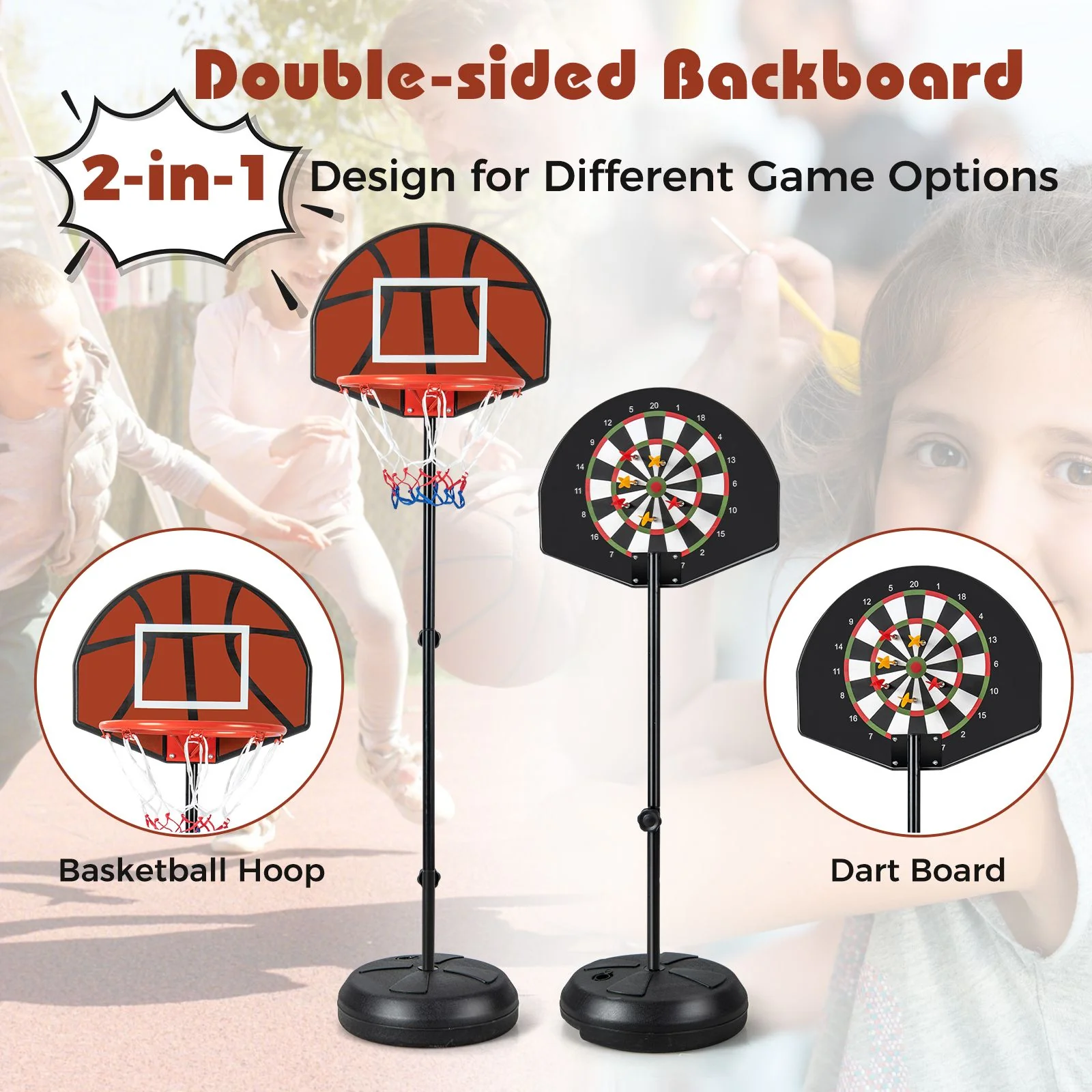 Kids Basketball Hoop with Dart Board and Double-sided Backboard - Image 5