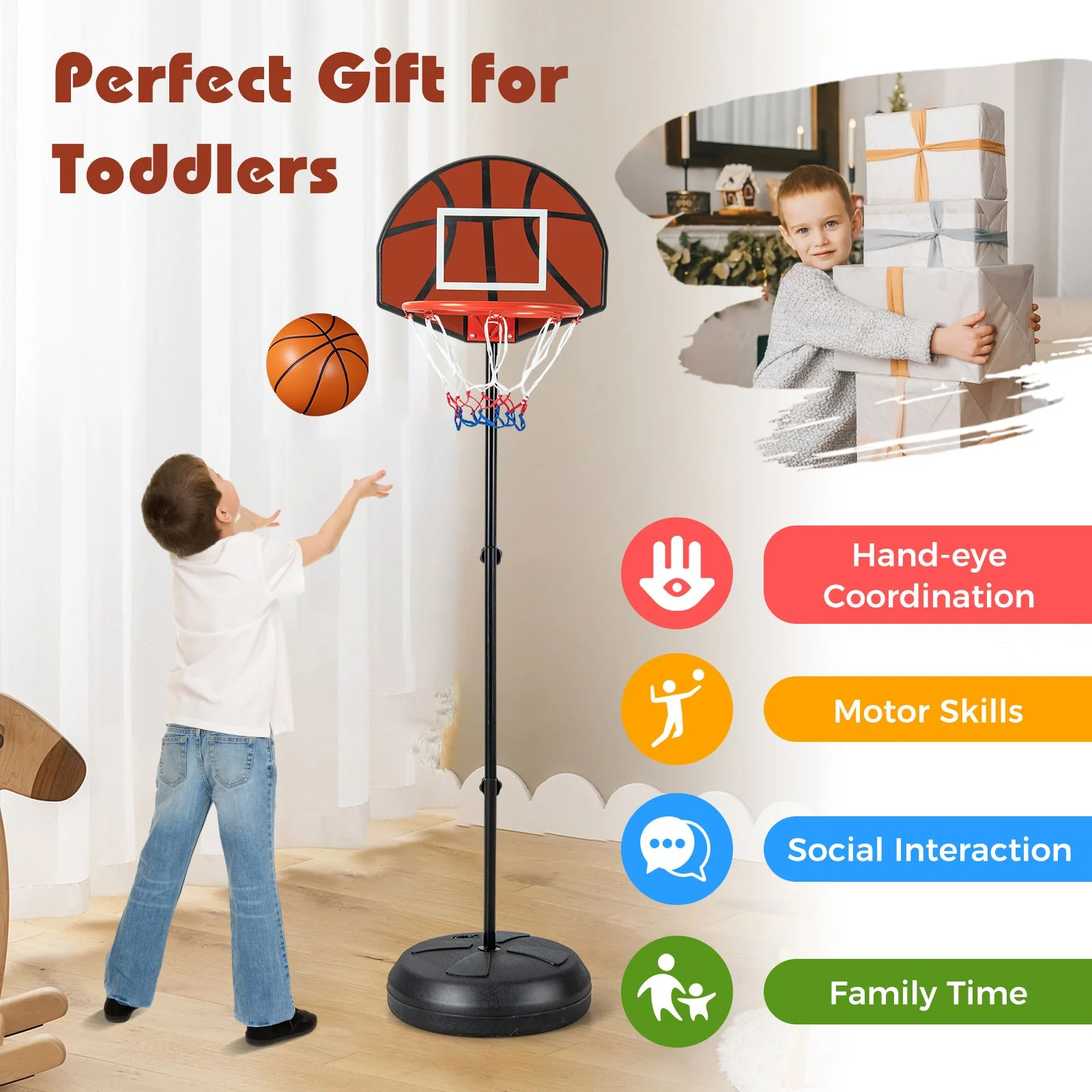 Kids Basketball Hoop with Dart Board and Double-sided Backboard - Image 8