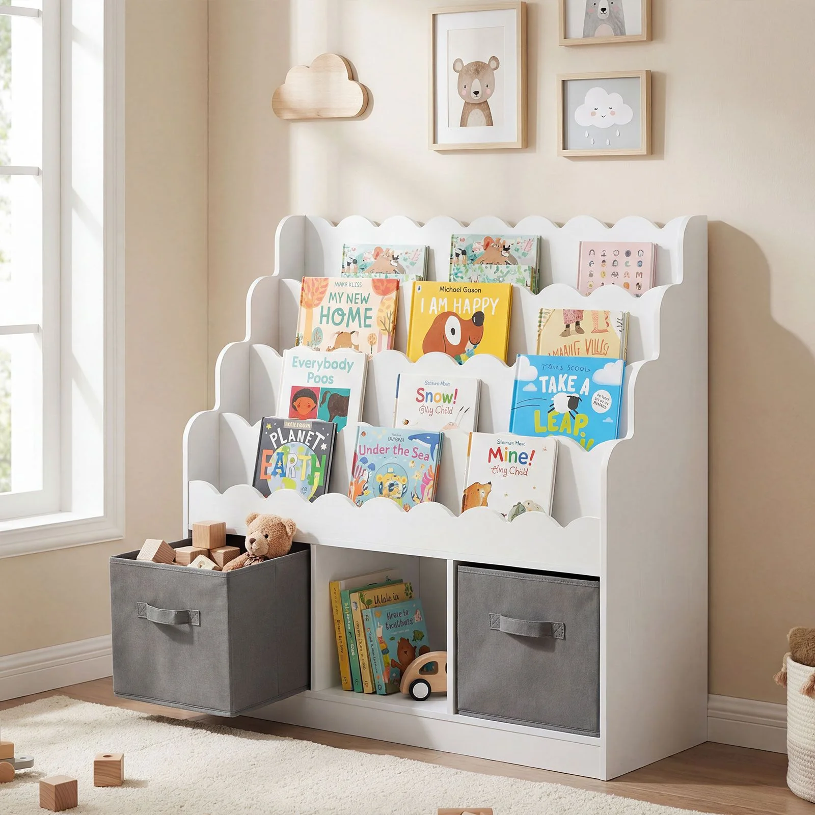 Kids Bookshelf and Toy Storage 4-Tier Toddler Bookcase with 2 Foldable Fabric Drawers - Image 2