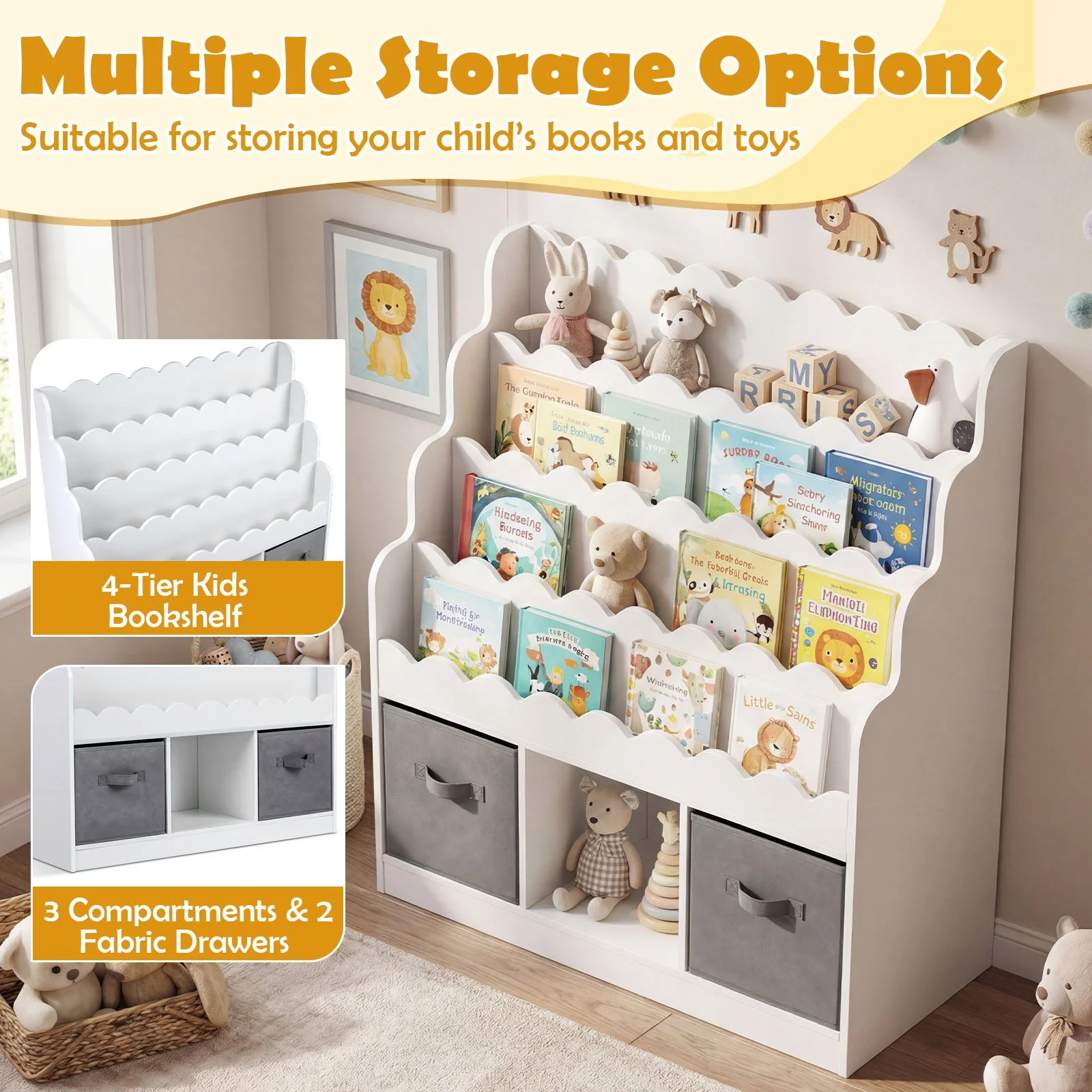 Kids Bookshelf and Toy Storage 4-Tier Toddler Bookcase with 2 Foldable Fabric Drawers - Image 4