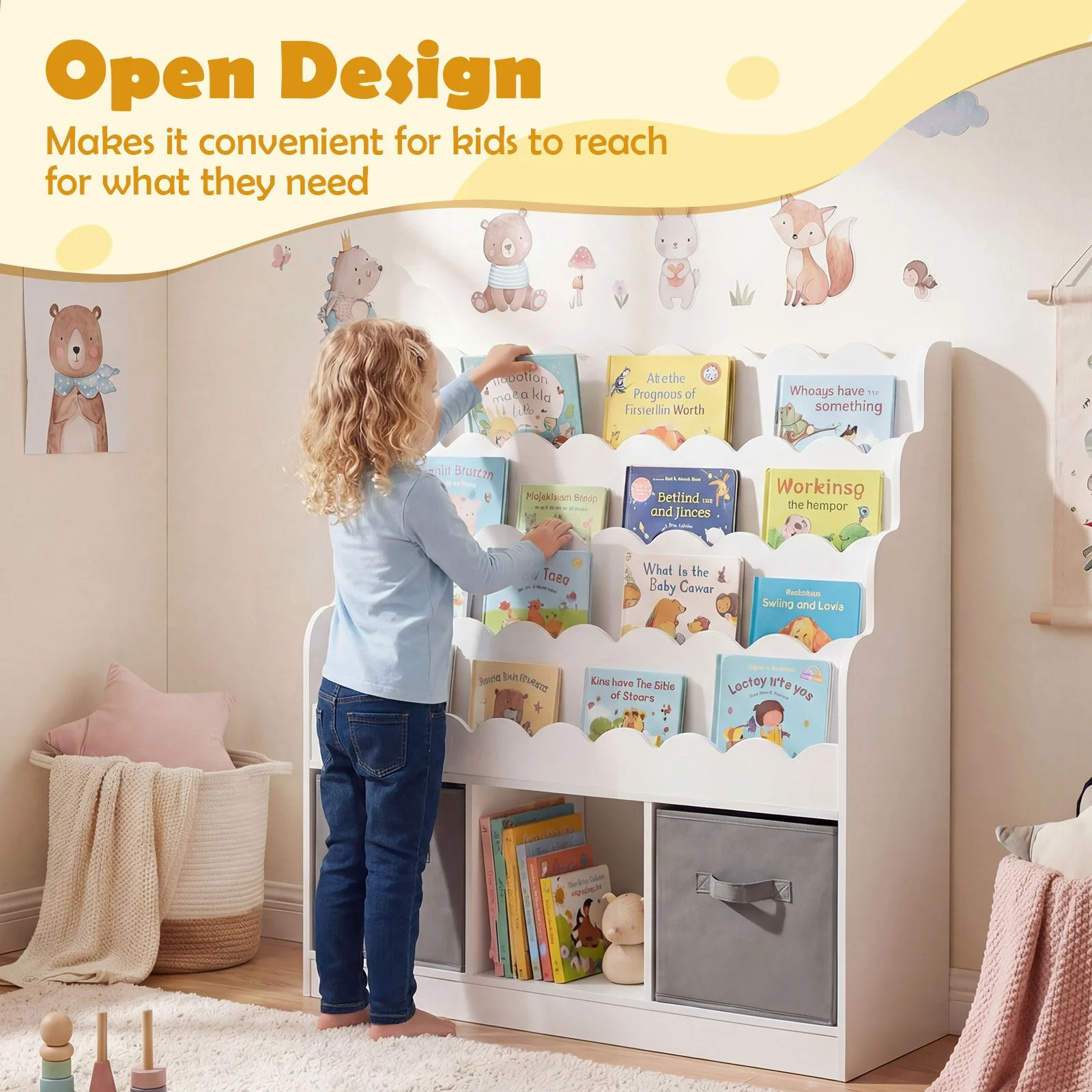 Kids Bookshelf and Toy Storage 4-Tier Toddler Bookcase with 2 Foldable Fabric Drawers - Image 5