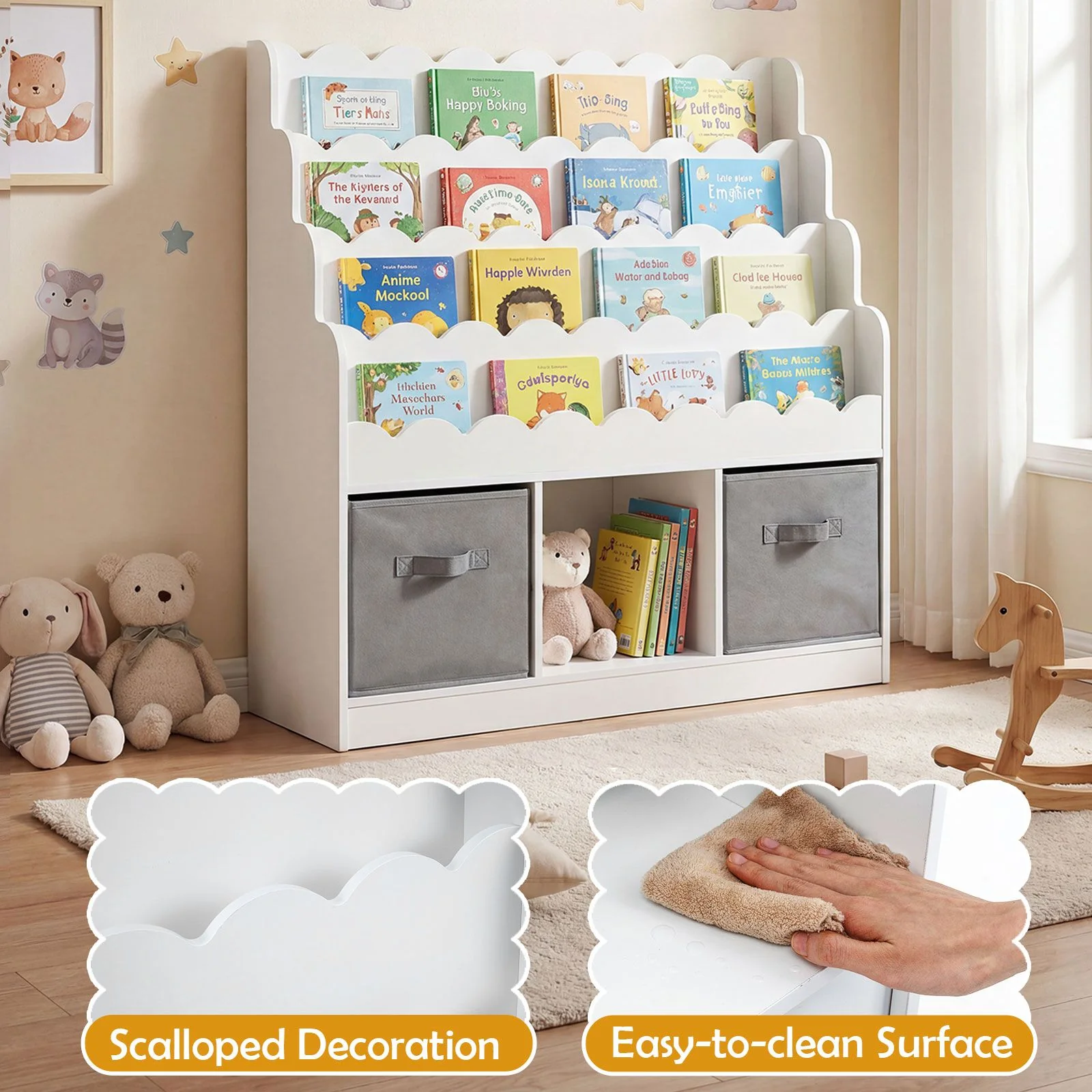 Kids Bookshelf and Toy Storage 4-Tier Toddler Bookcase with 2 Foldable Fabric Drawers - Image 7
