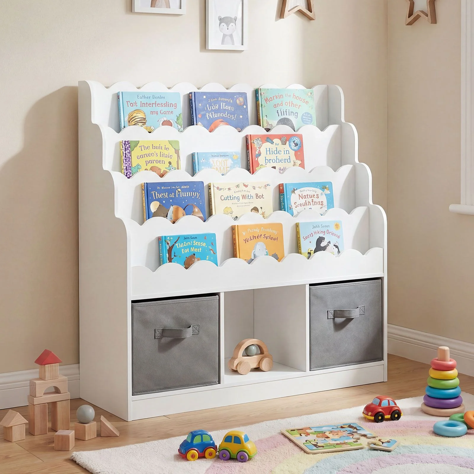 Kids Bookshelf and Toy Storage 4-Tier Toddler Bookcase with 2 Foldable Fabric Drawers - Image 8