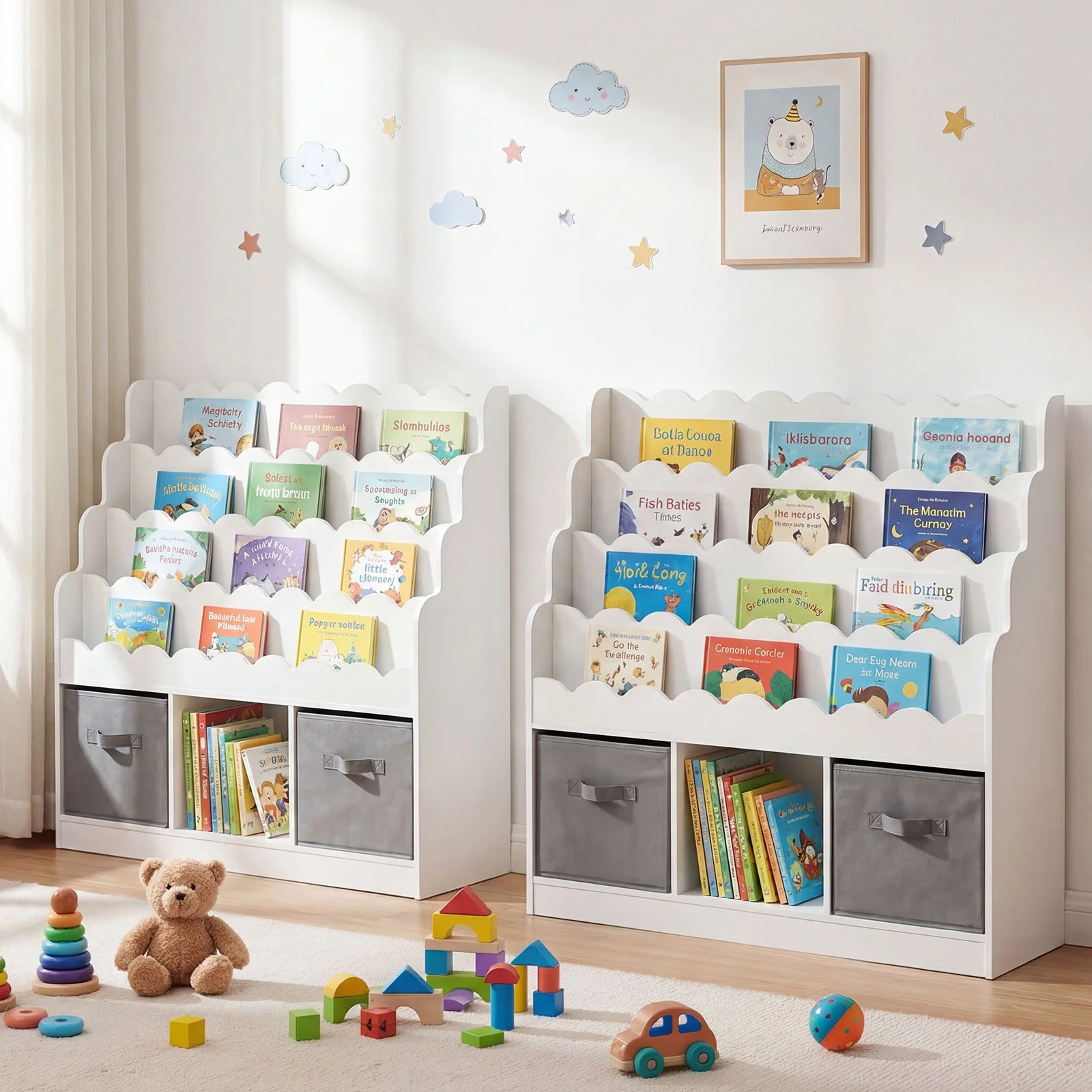 Kids Bookshelf and Toy Storage 4-Tier Toddler Bookcase with 2 Foldable Fabric Drawers - Image 9