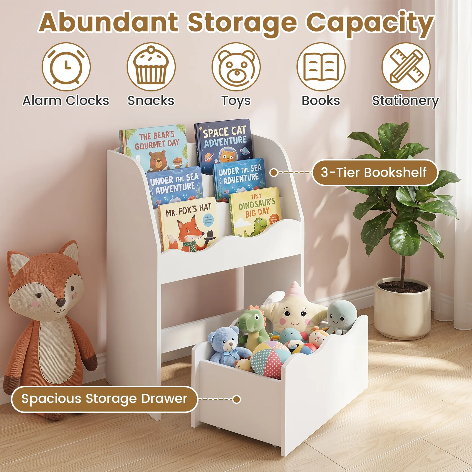 Kids Bookshelf and Toy Storage Organizer, 3-Tier Wooden Kids Book Shelf - Image 8