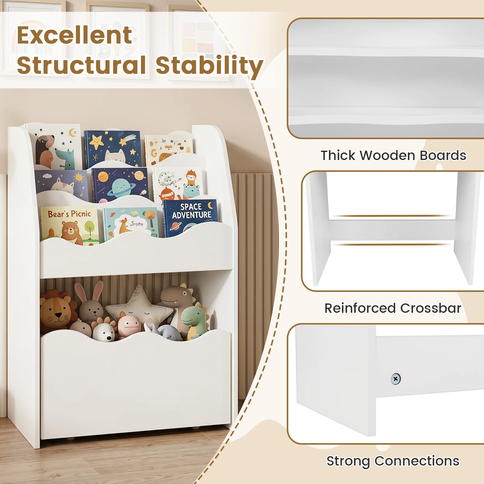 Kids Bookshelf and Toy Storage Organizer, 3-Tier Wooden Kids Book Shelf - Image 9