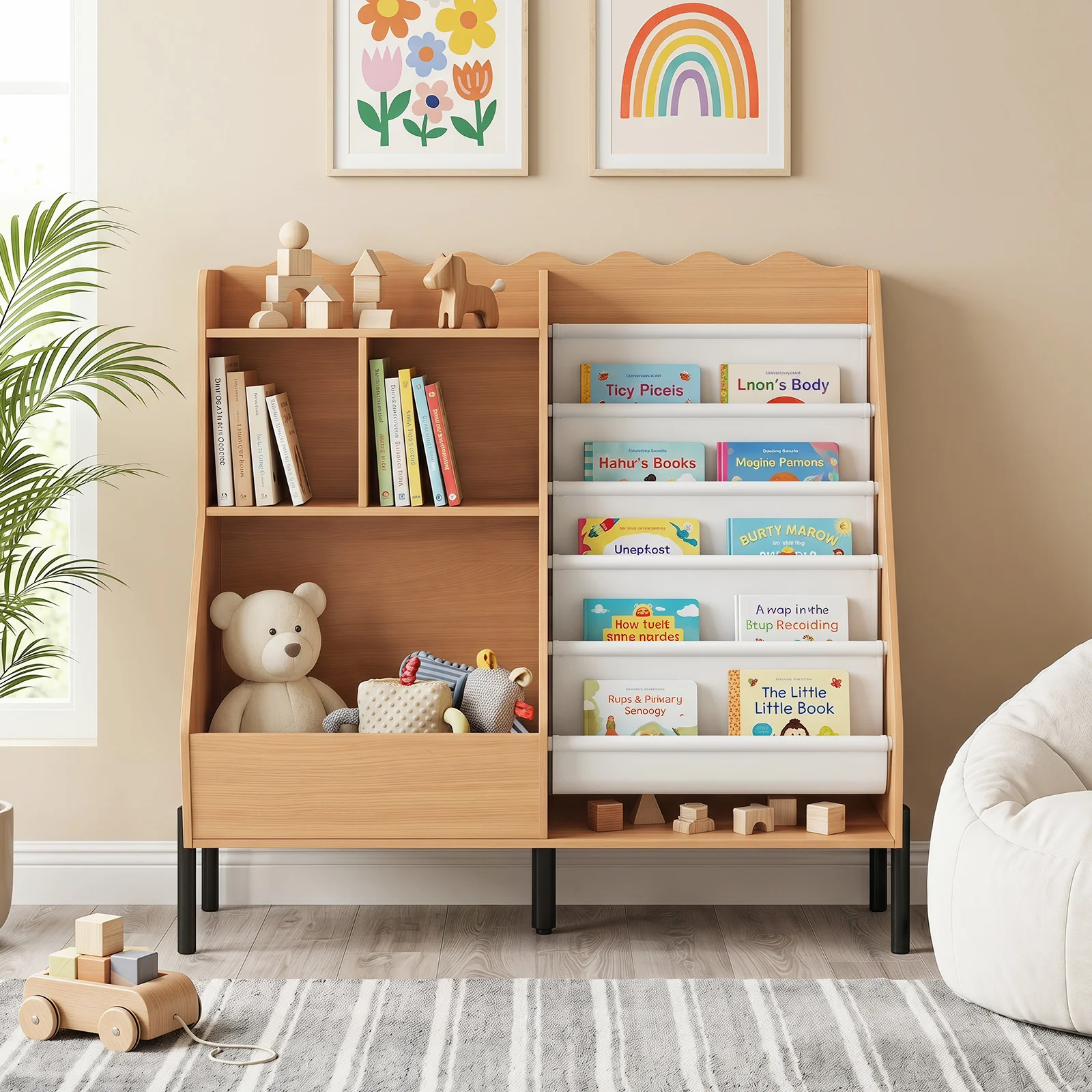 Kids Bookshelf and Toy Storage Organizer with 5 Fabric Pockets and Metal Legs - Image 2